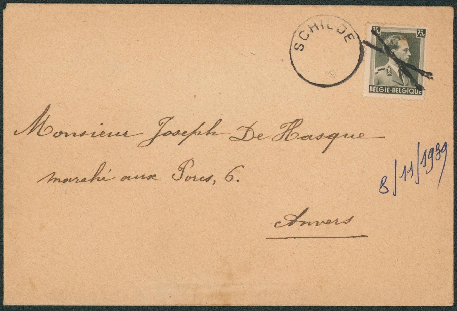 n°480 sur lettre annulé par croix de st-andré + cachet de fortune SCHILDE (bloc dateur absent) > Anvers.