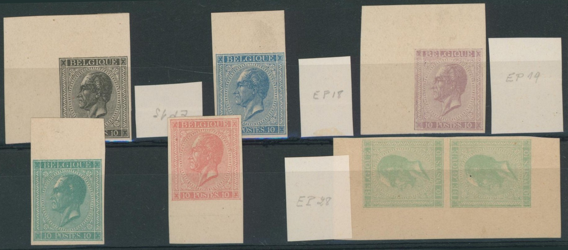 émission 1865 - ensemble de 6 essais de couleurs sur 10 ctm.
