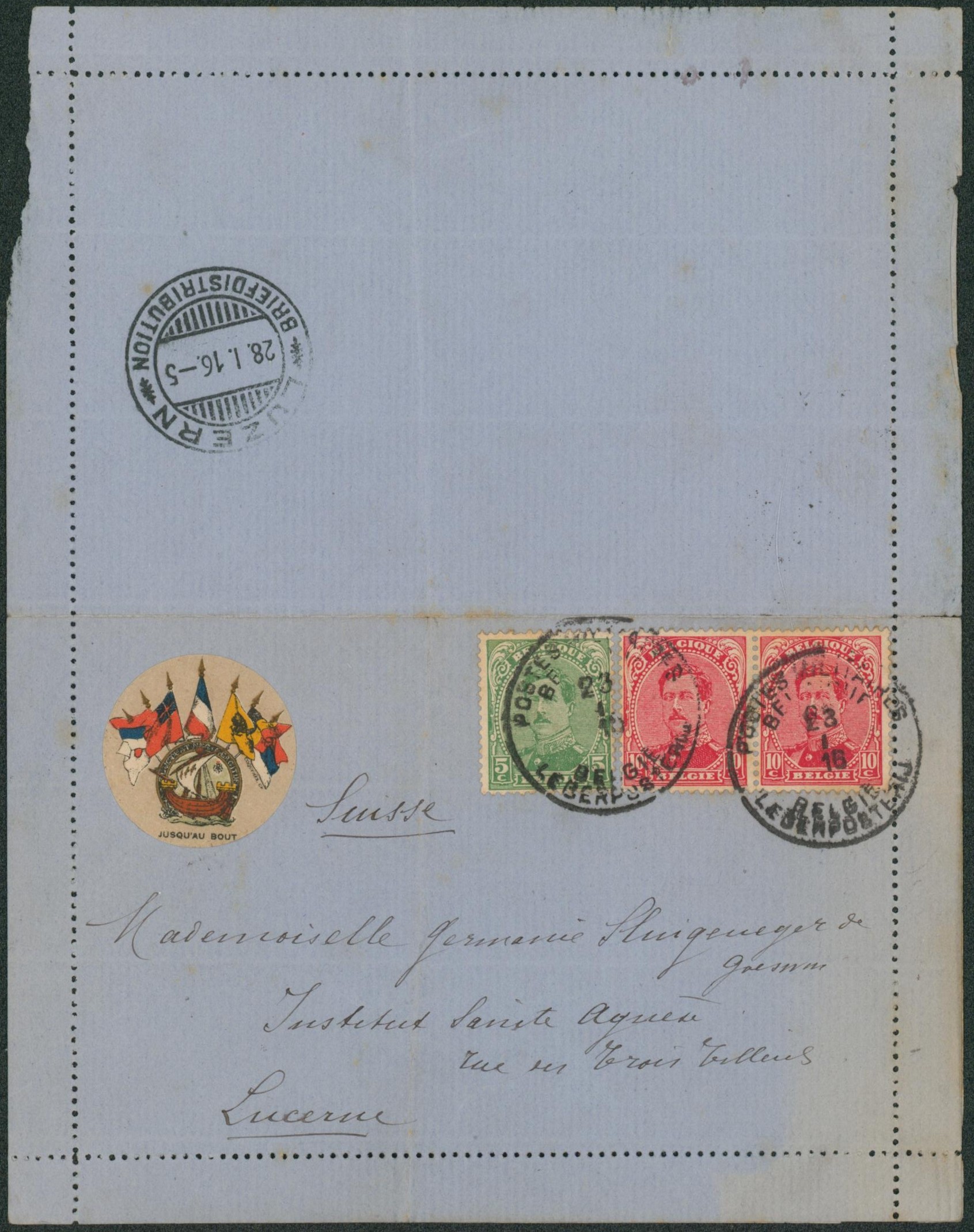 Albert I - n°137 et 138 x2 sur carte-lettre manuscrite obl P.M.B. + vignette "jusqu'au bout" > Lucerne (Suisse).