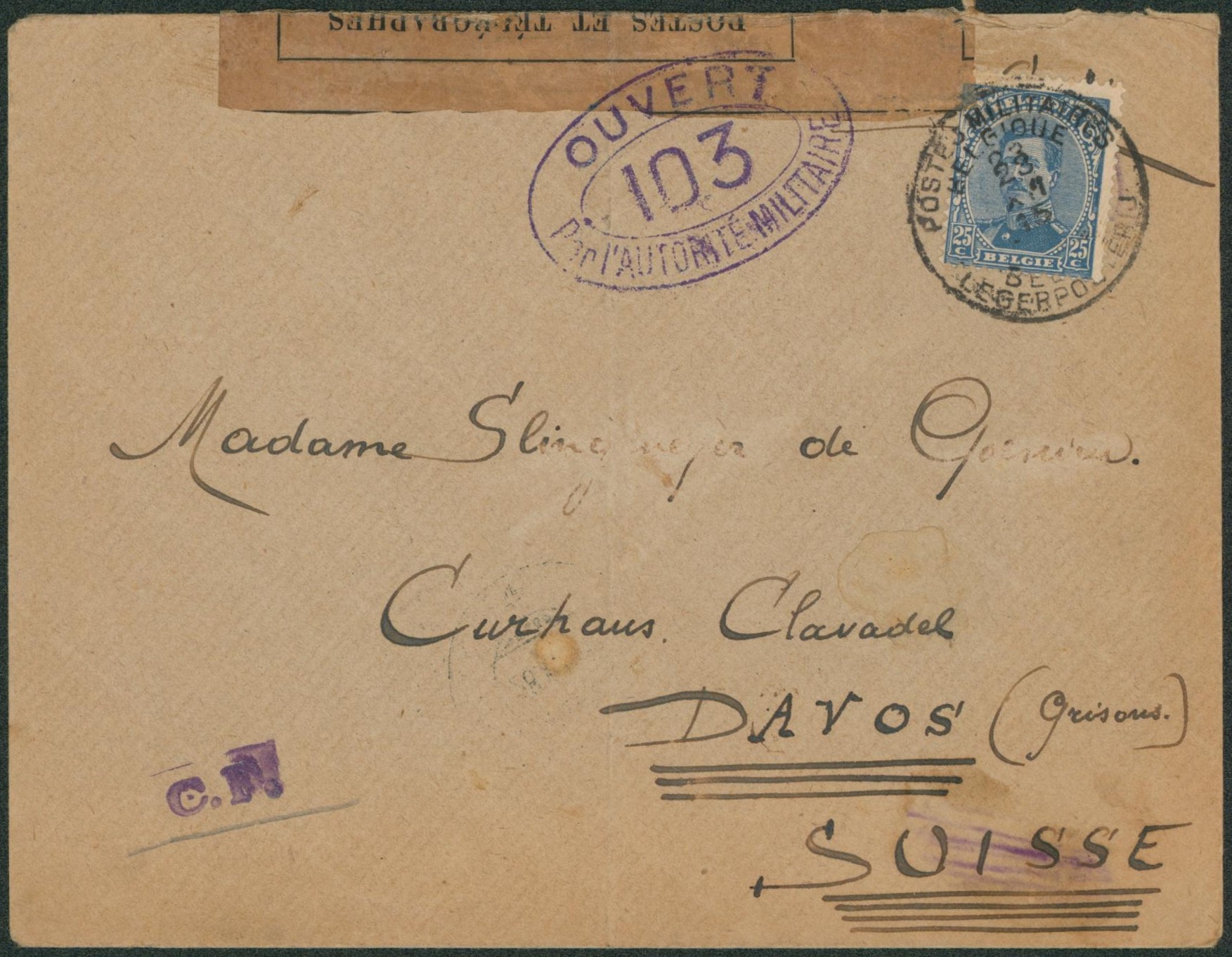 Albert I - n°141 sur lettre obl P.M.B. + bandelette contrôle des communications > Davos (Suisse).