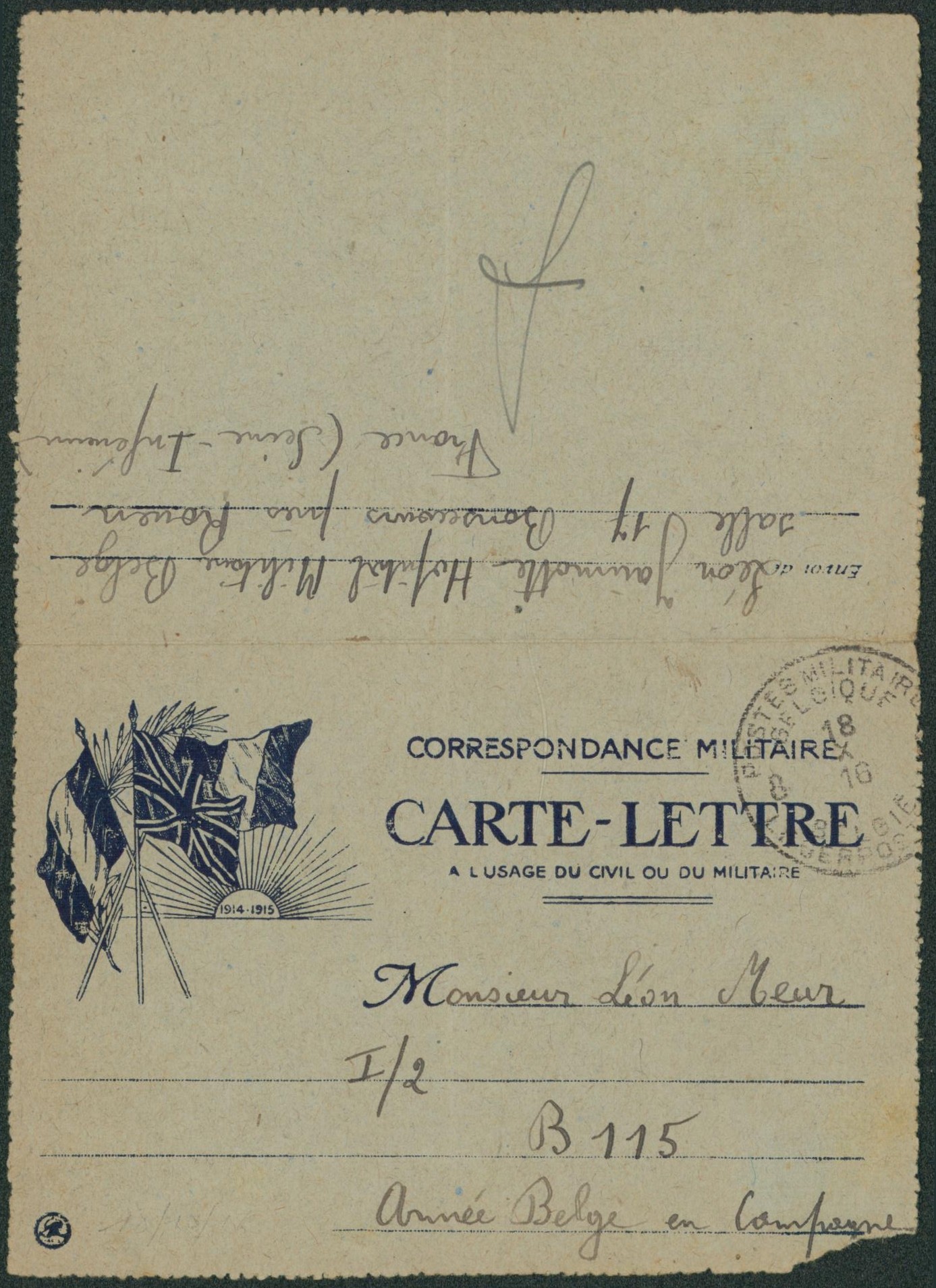 Correspondance militaire carte-lettre obl P.M.B. 8 (1916) > Armée belge en campagne. Texte