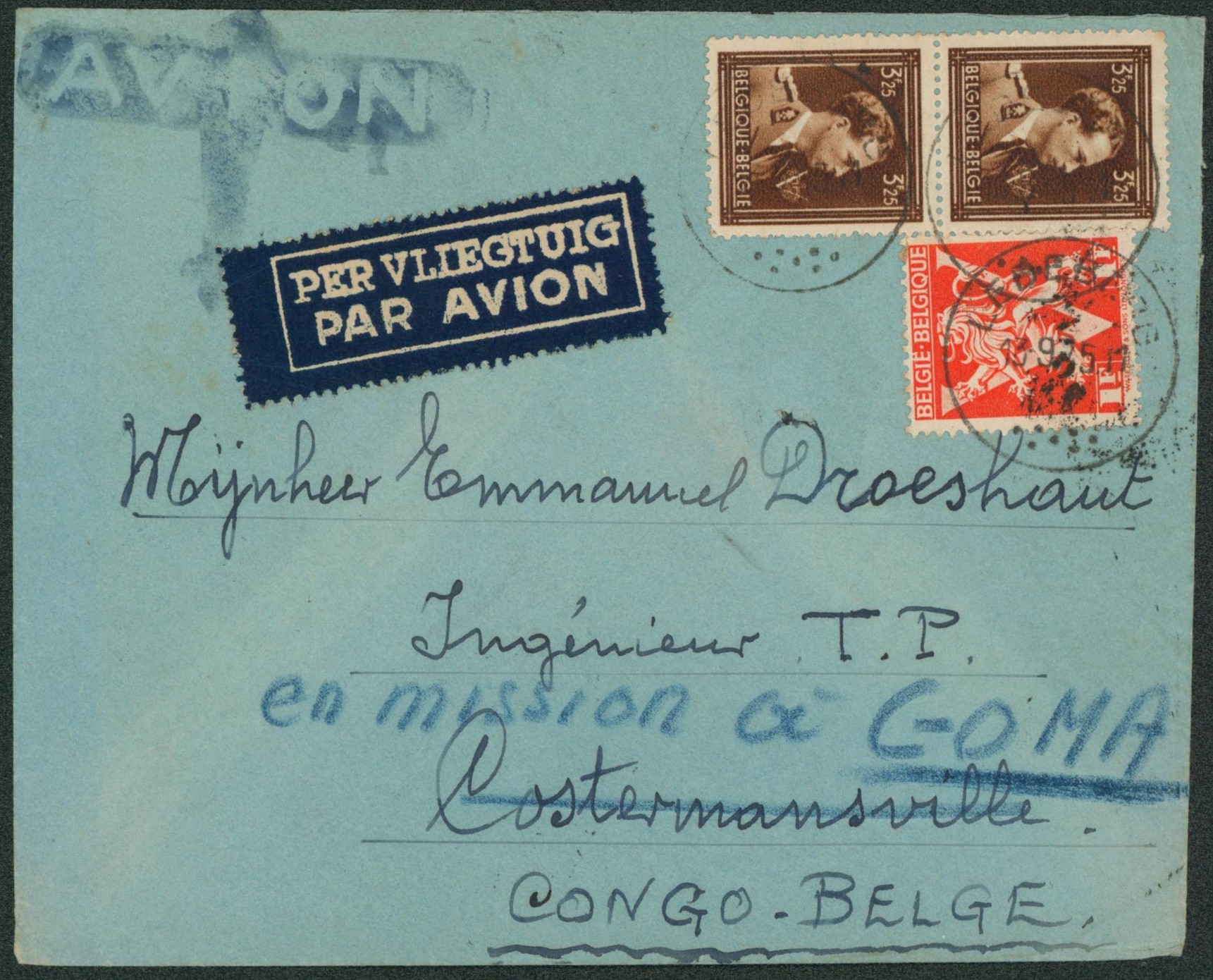 Affranch. Mixte sur lettre par avion de Ledeberg > Costermansville (Congo belge) redirigé à la craie bleu EN MISSION A GOMA