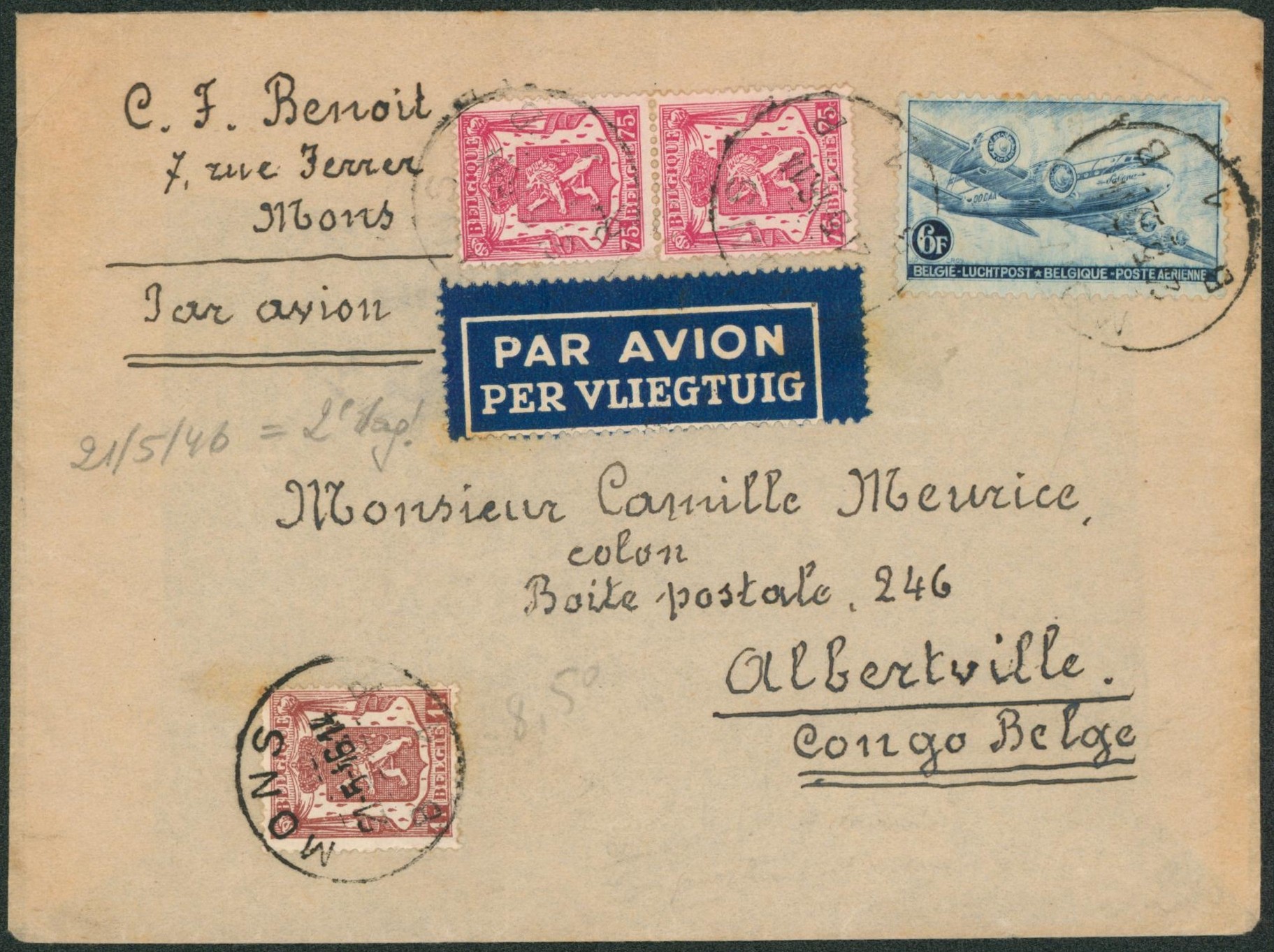 Affranch. Mixte sur lettre par avion de Mons > Albertville (Congo Belge).