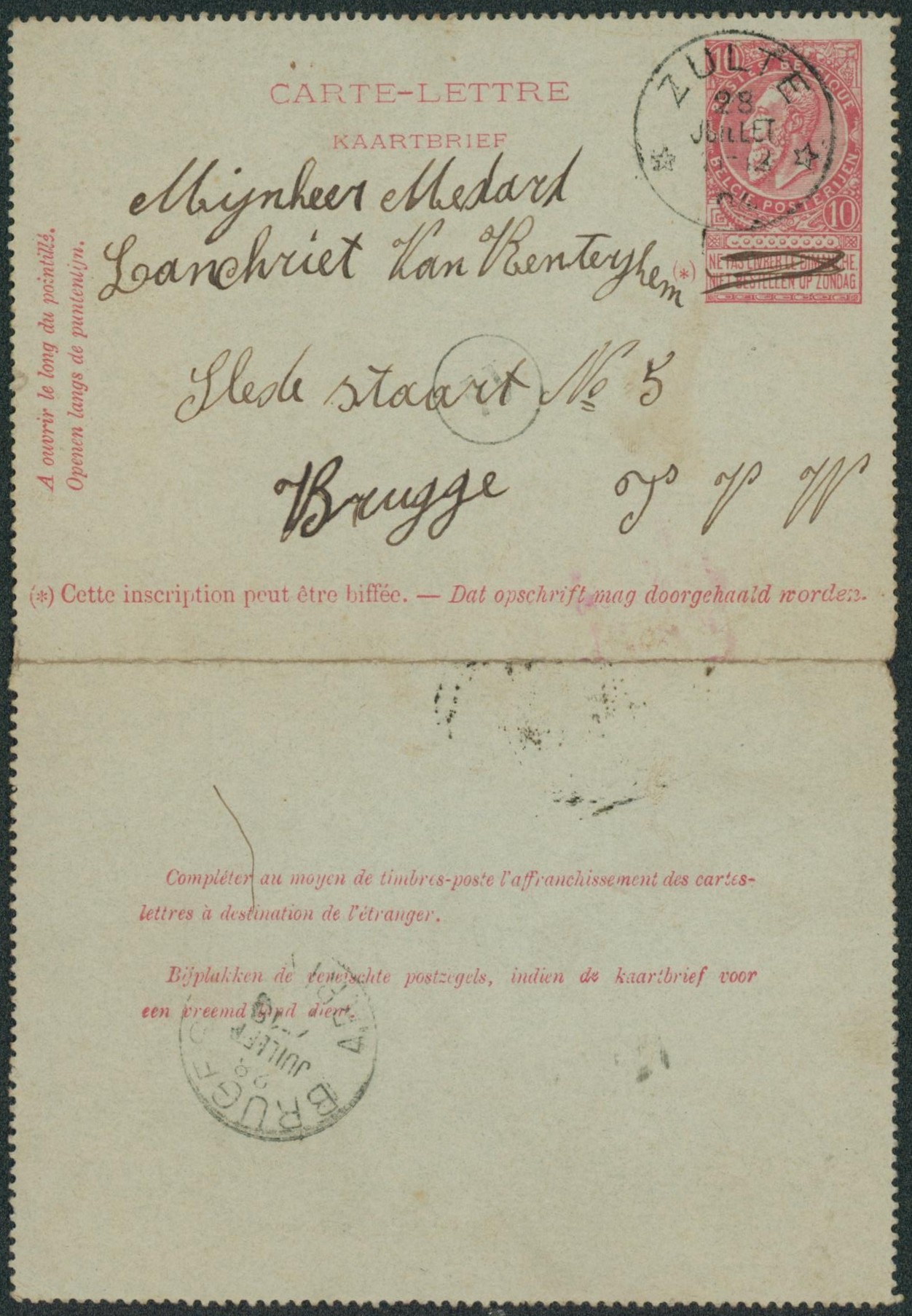 EP au type CL 10ctm rose obl relais Zulte > Brugge