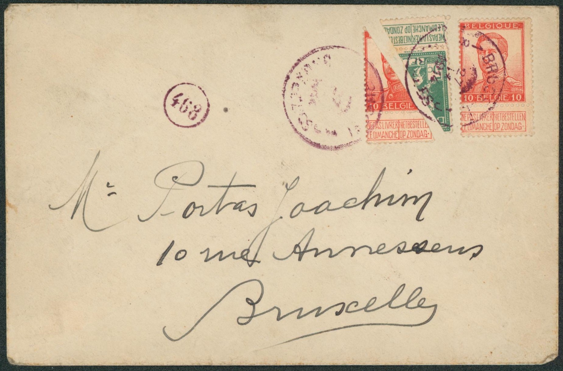 Pellens - Affranch. Par deux demi-timbres (5 et 10ctm) + 10ctm sur lettre de Bruxelles > Bruxelles. TB