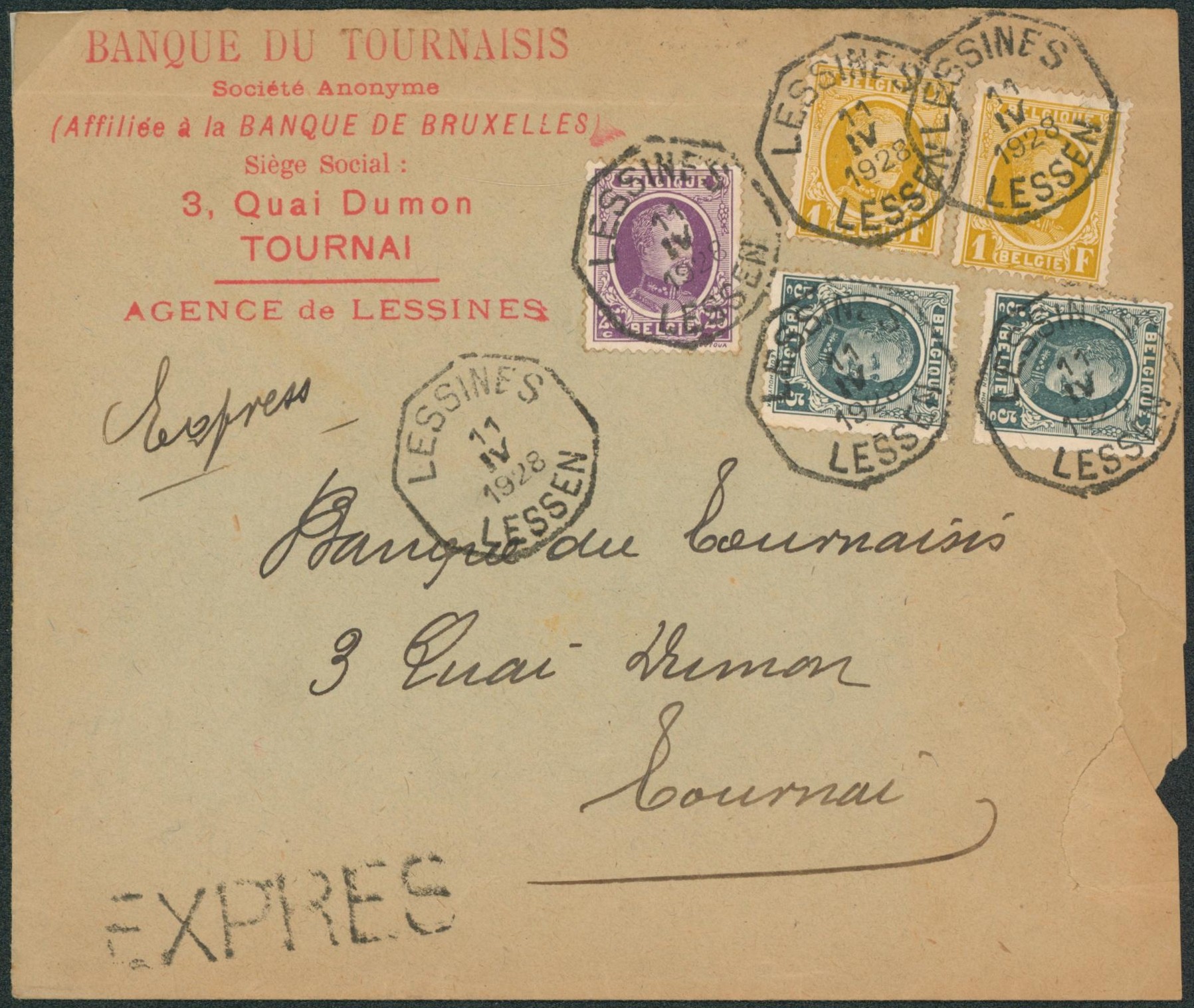Houyoux - affranch. Coloré sur lettre en expres obl télégraphique "Lessines / Lessen" > Tournai