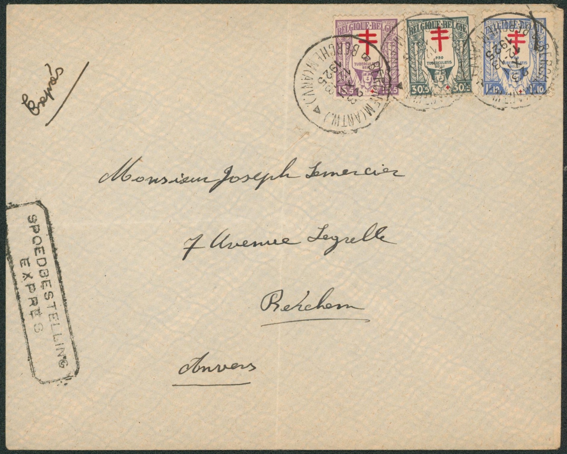 n°234/36 sur lettre expédié en expres de Berchem (Antw.) > Reckem