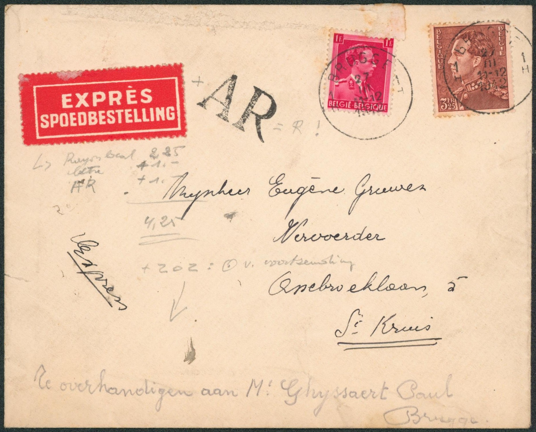Affranch. Mixte (Col ouvert / Poortman) sur lettre en expres + griffe AR de Brugge > St-Kruis.