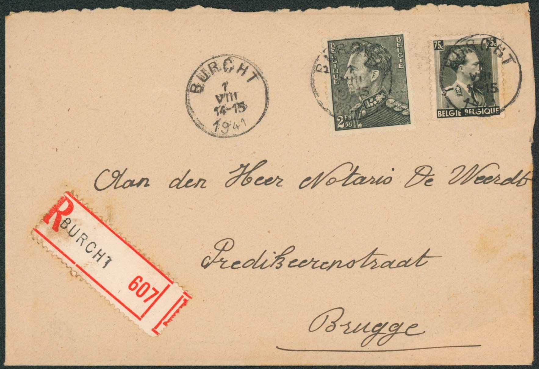 Affranch. Mixte (Col ouvert / Poortman) sur lettre en recommandé de Burcht > Brugge