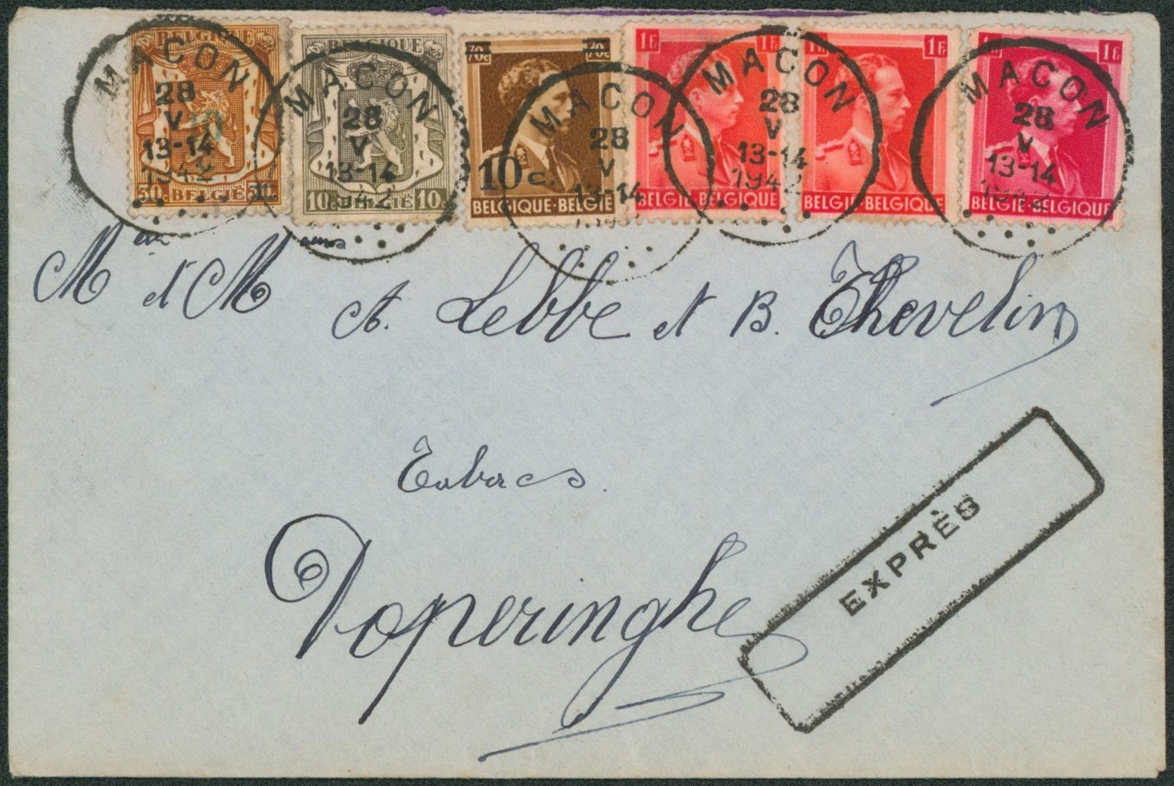 Affranch. Mixte (col ouvert) sur lettre en expres de Macon > Poperinghe