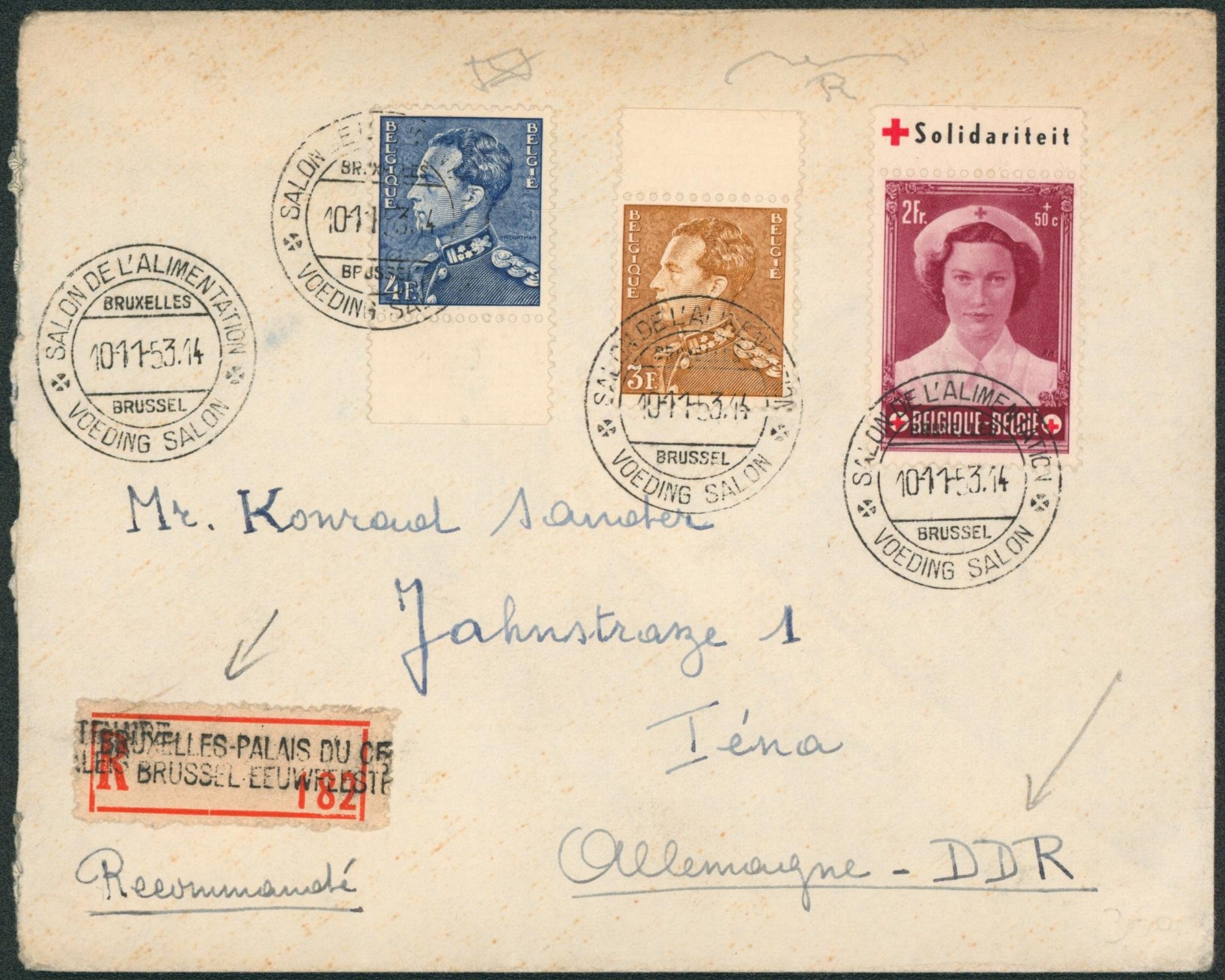 Affranch. Mixte (Poortman) sur lettre en recommandé du Salon de l'alimentation / Bruxelles (1953) > Allemagne DDR.
