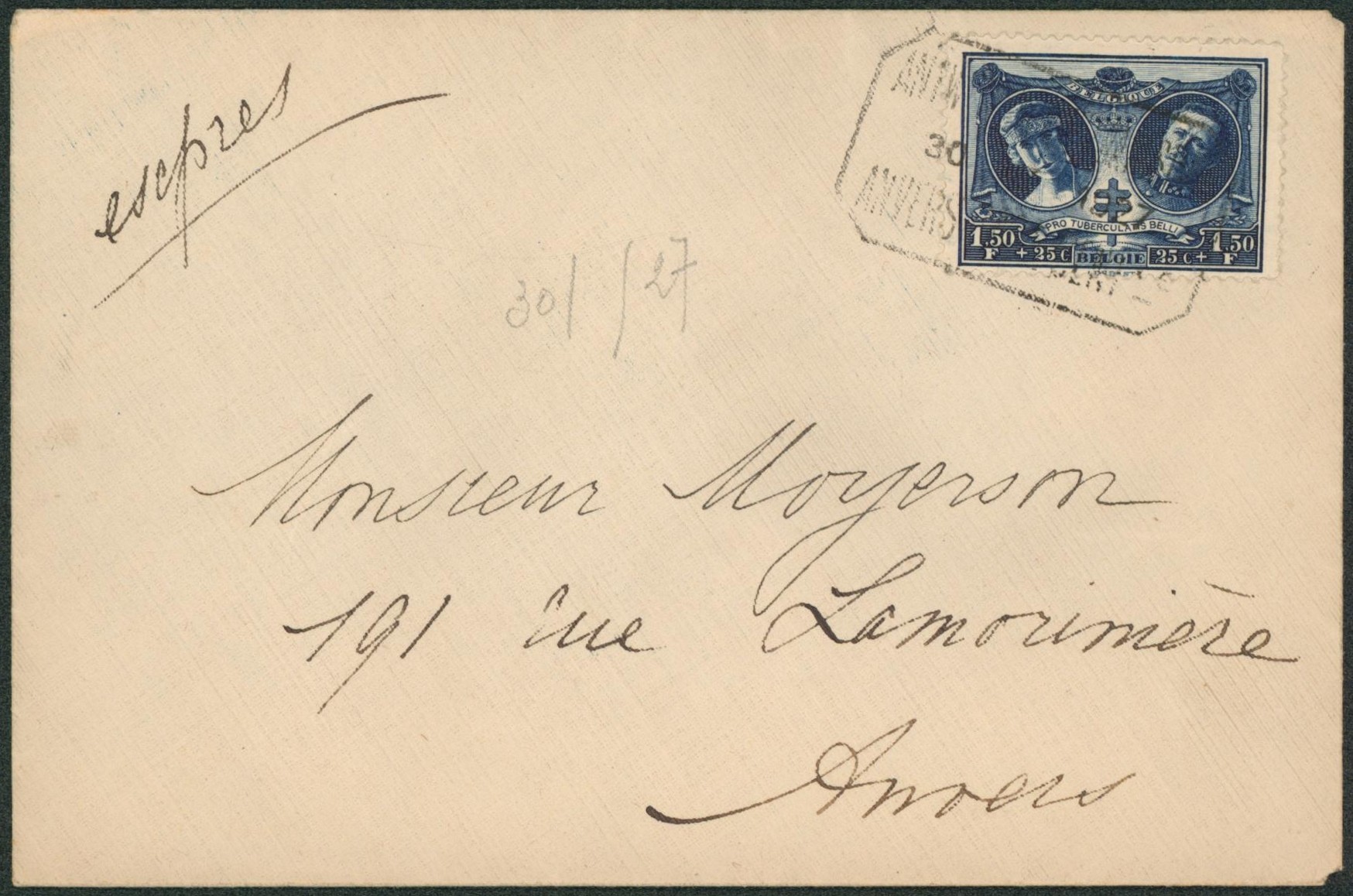 n°243 sur lettre en expres obl télégraphe-téléphone "Antwerpen" > Anvers