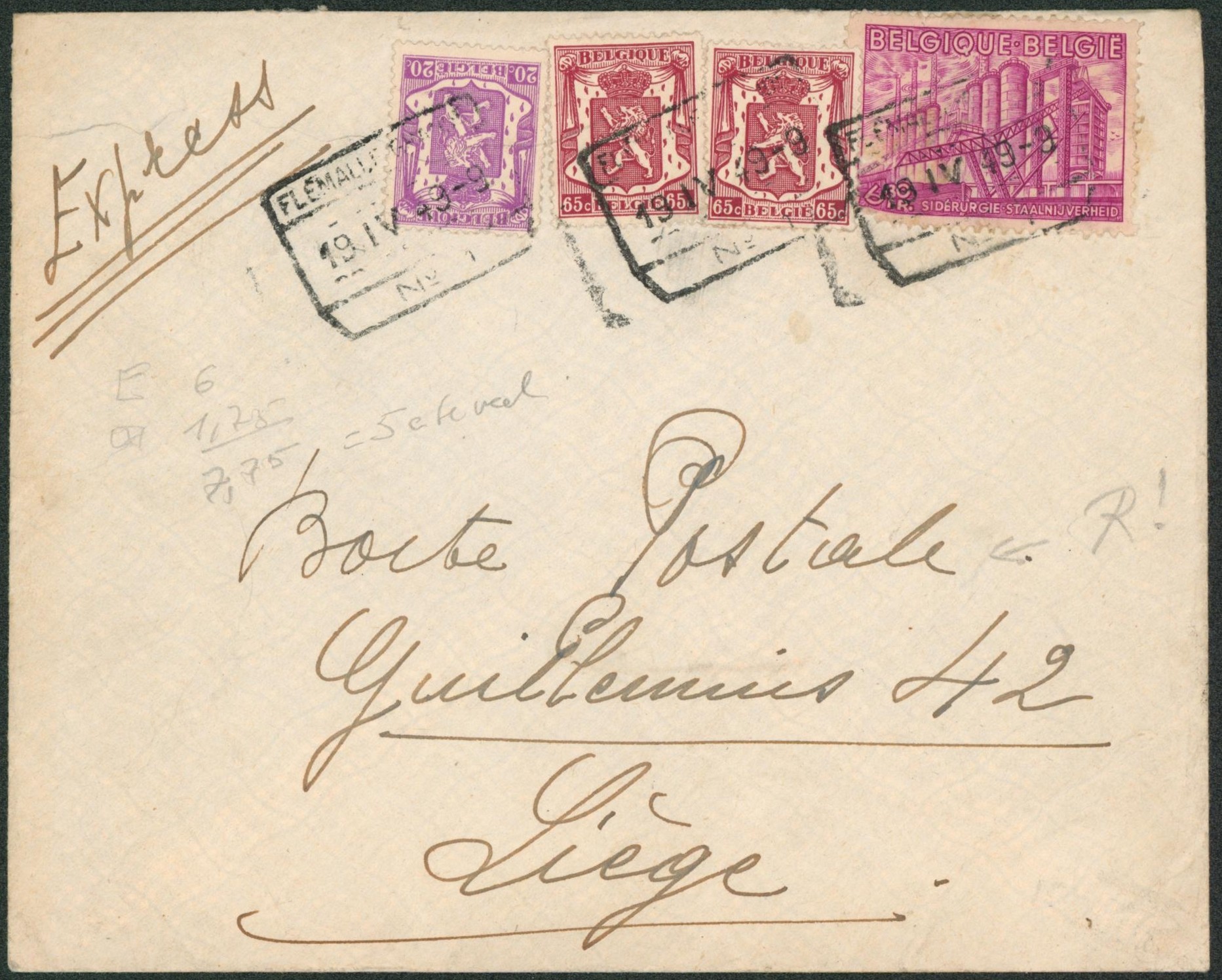 Affranch. Mixte (exportation) sur lettre en expres obl chemin de fer FLEMALLE > Boite postale guillemins 42