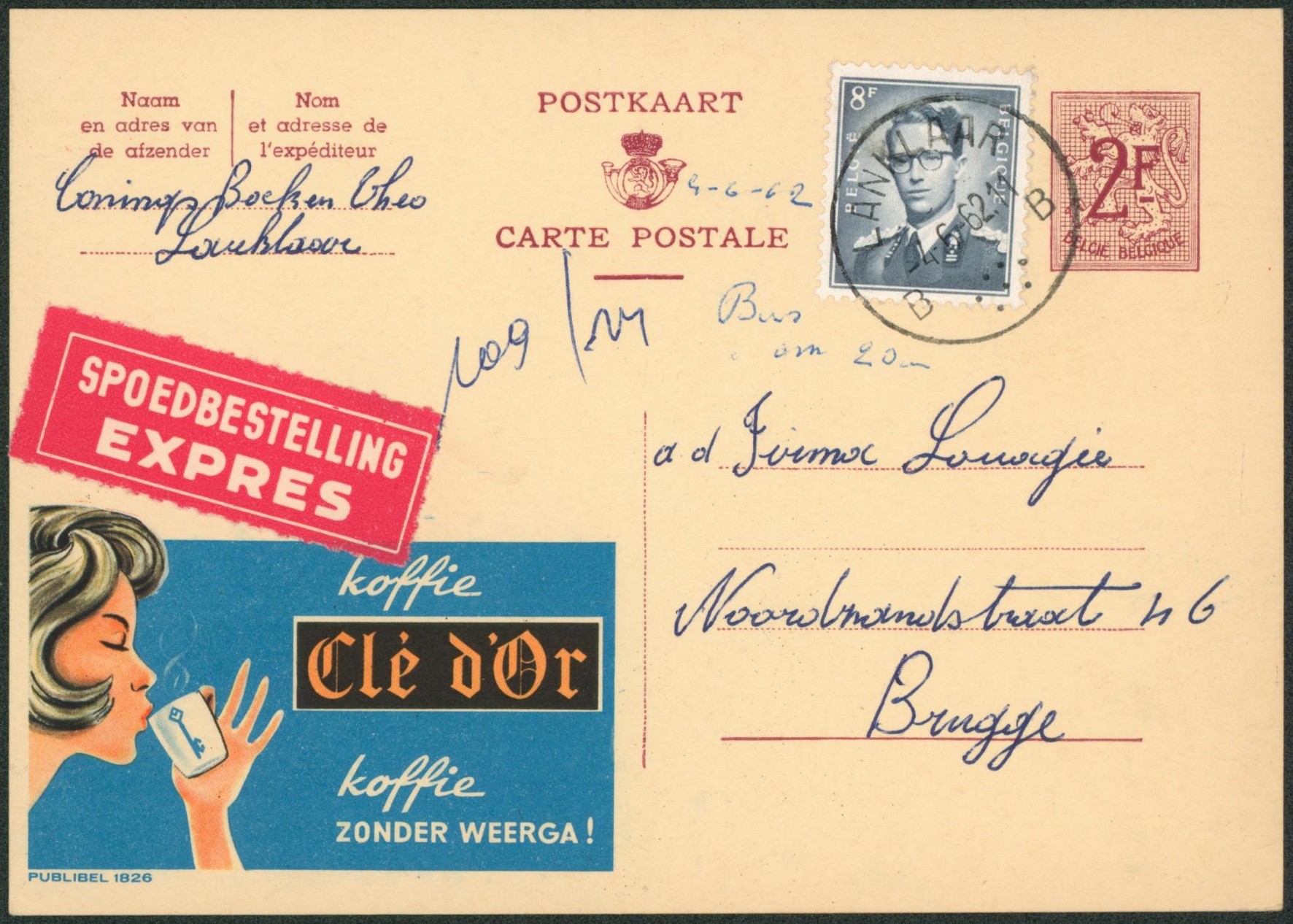 Publibel n°1826 + Baudouin à lunettes en expres de Lanklaer > Brugge
