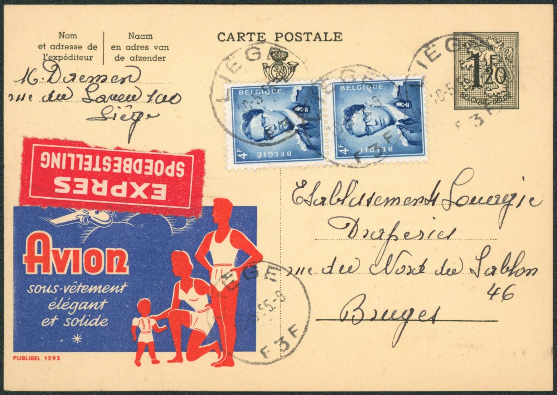 Publibel n°1292 + Baudouin à lunettes en expres de Liège > Brugge.