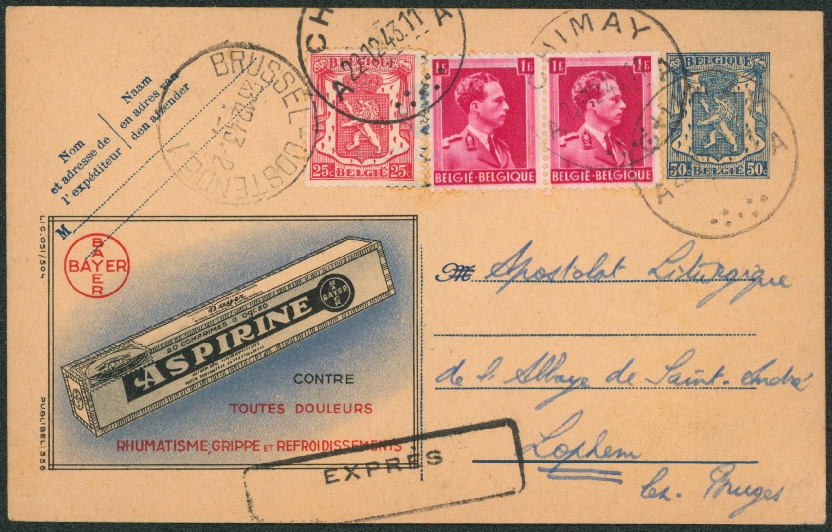 Publibel n°553 + Col ouvert en expres de Chimay > Lophem-lez-brugge.