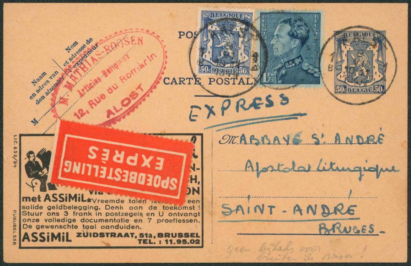 Publibel n°558 + affranch. Mixte en expres de Aalst > Saint-andré-brugge.