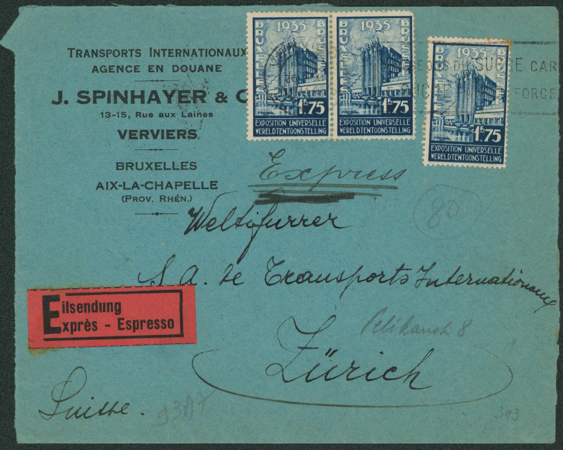 n°389 x3 sur lettre en expres (étiquette suisse) de Verviers > Zurich (Suisse).