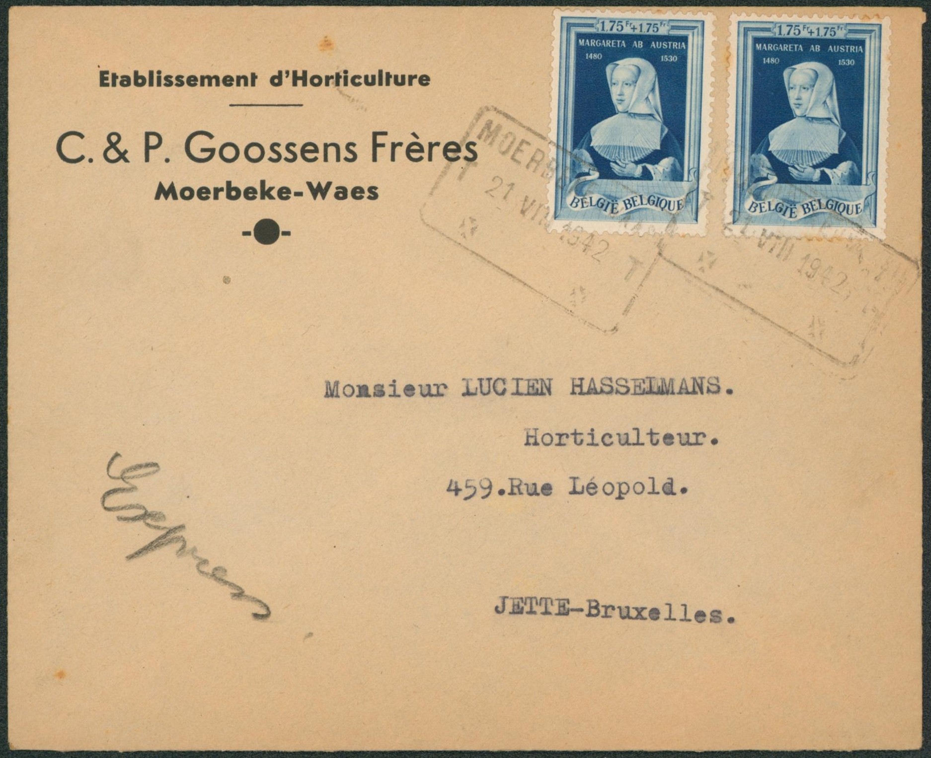 n°579 x2 sur lettre en expres obl télégraphe-téléphone "Moerbeke-Waes" > Jette