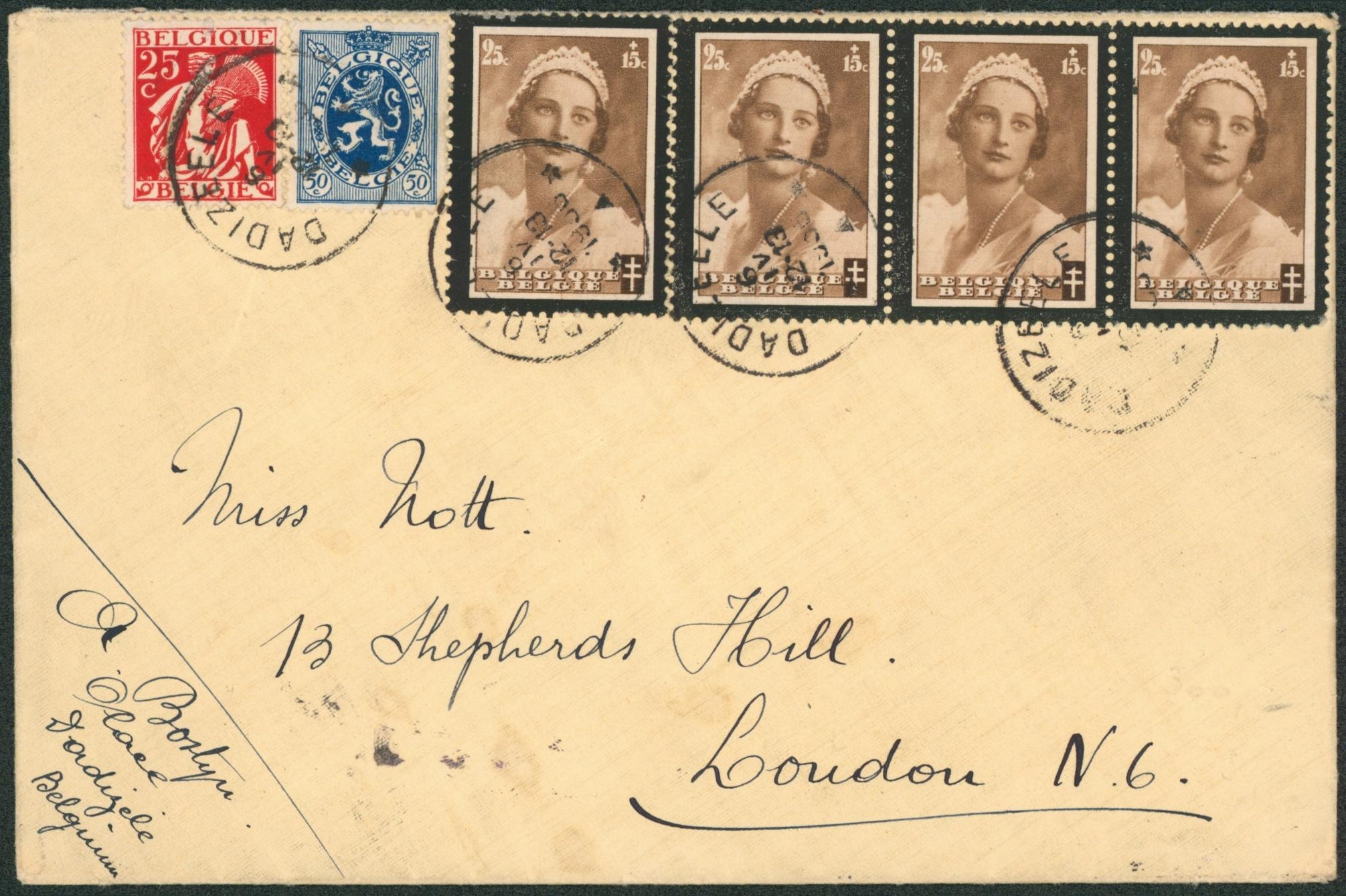 Affranch. Mixte sur lettre obl relais "Dadizeele" > London