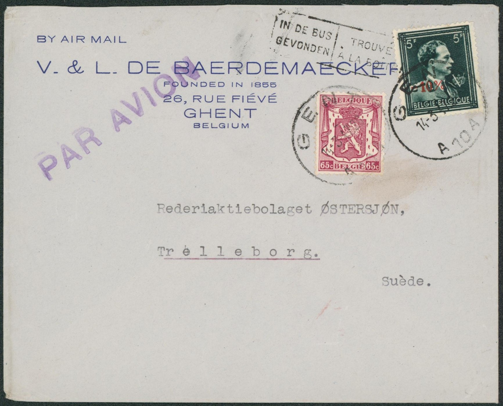 Affranch. Mixte sur lettre par avion de Gent > Trelleborg (Suède).
