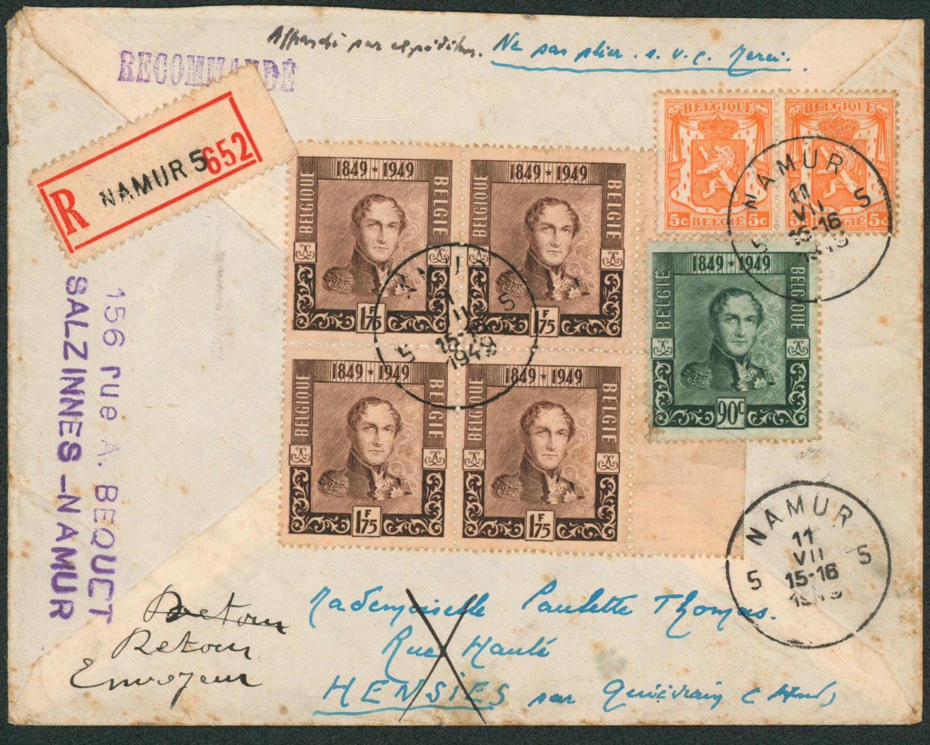 Affranch. Mixte sur lettre en recommandé de Namur > France