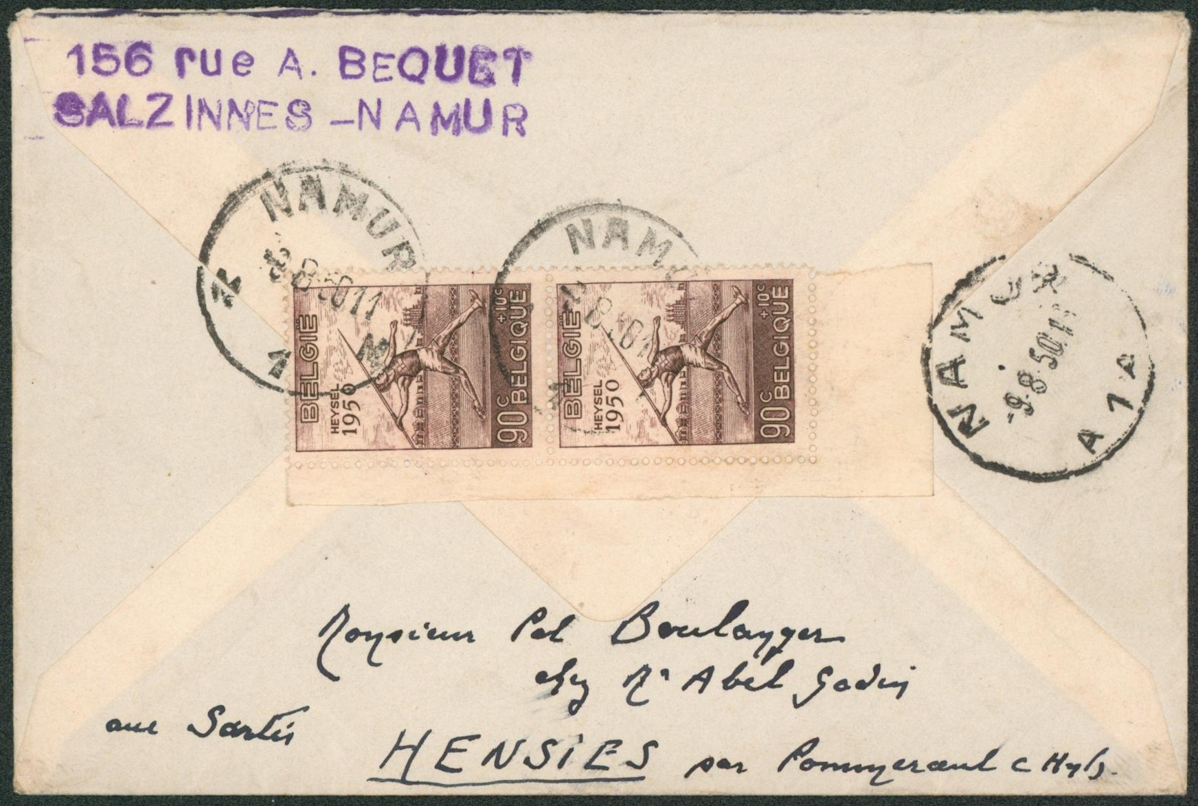 Heysel - 90ctm x2 sur lettre expédié de Namur > Hensies