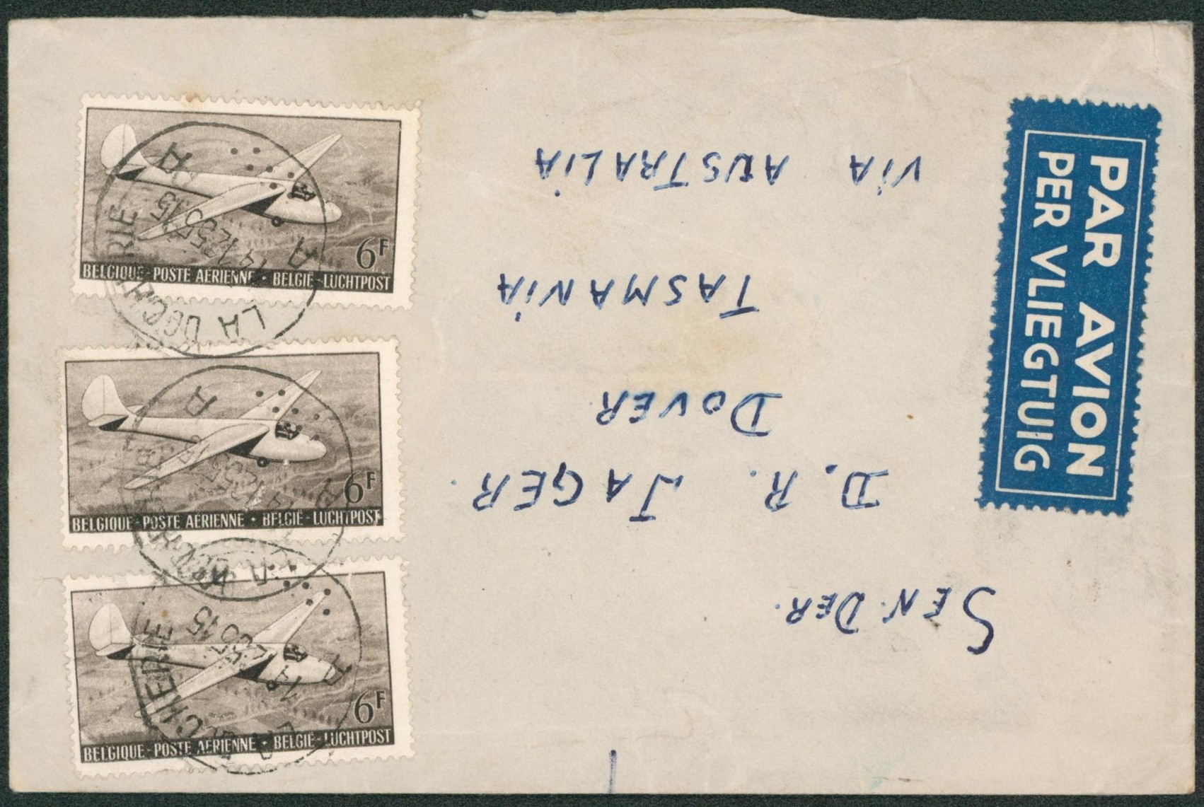 PA28 x3 sur lettre par avion de La docherie A > Tasmania via Australia.