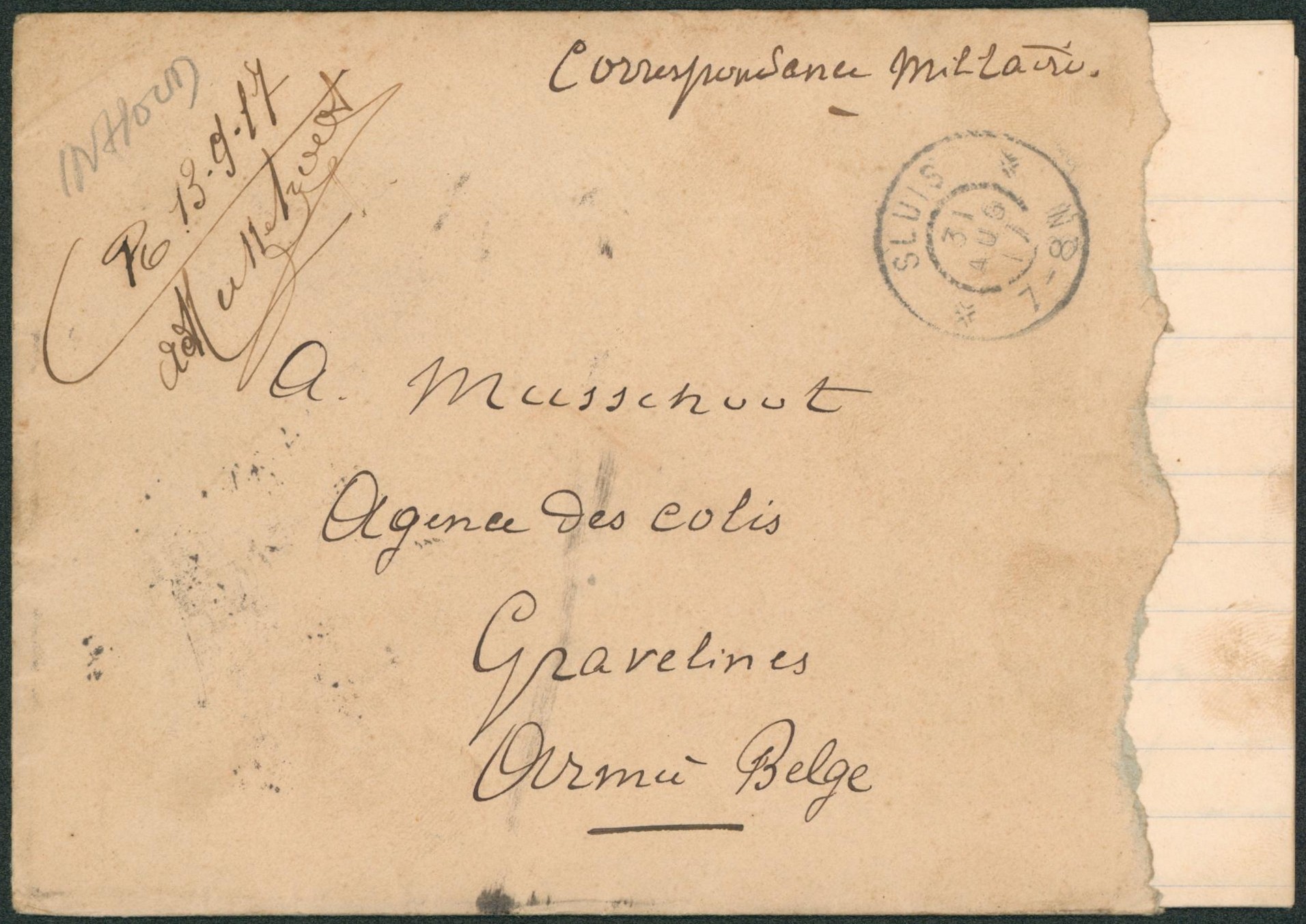 Lettre "correspondance militaire" avec contenu expédié de Sluis (Hollande) > Agence des colis, Gravelines armée belge çàd obl P.M.B.