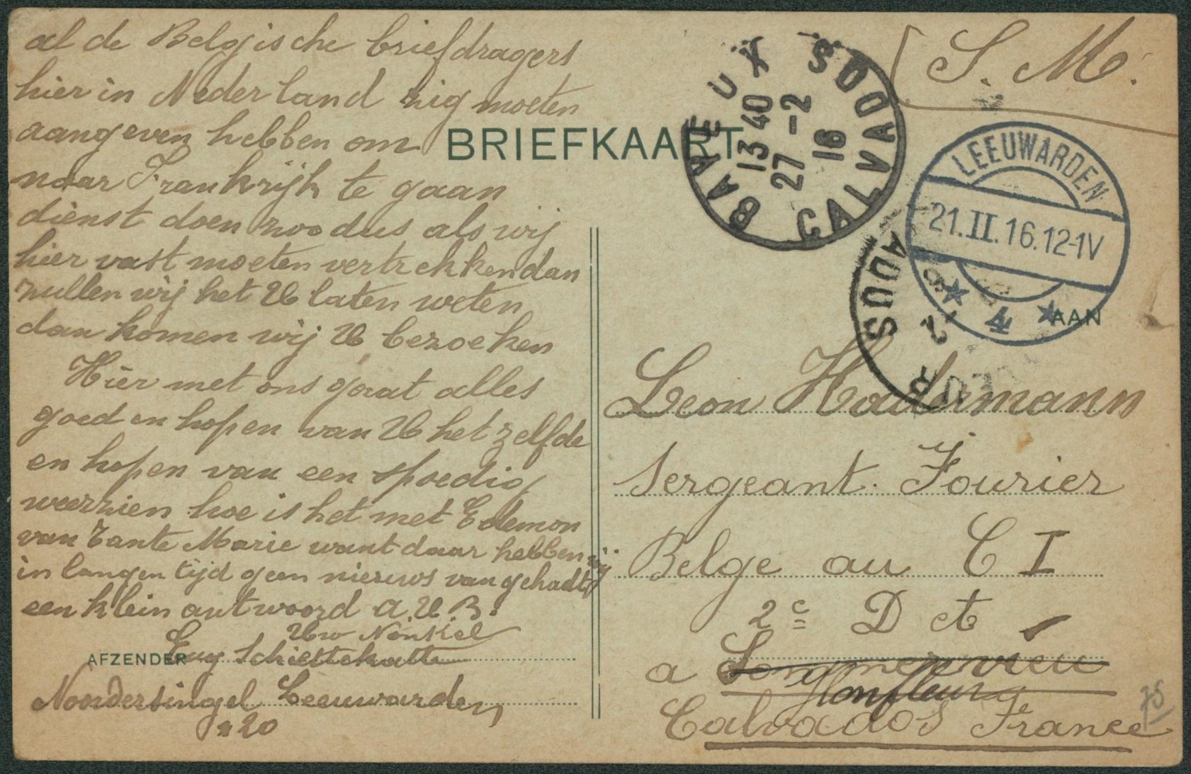 Briefkaart expédié en S.M. de Leeuwarden (Armée belge) > Sergeant fourier belge au C.I. à Sommeveau redirigé Calvados.