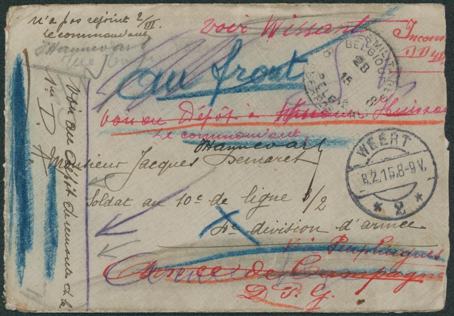Lettre en franchise expédiée de Weert (1915) > Soldat belge, 4e division d'armée. Nombreuse recherche dans l'armée belge voir verso cachet ! + Annotation à la craie.