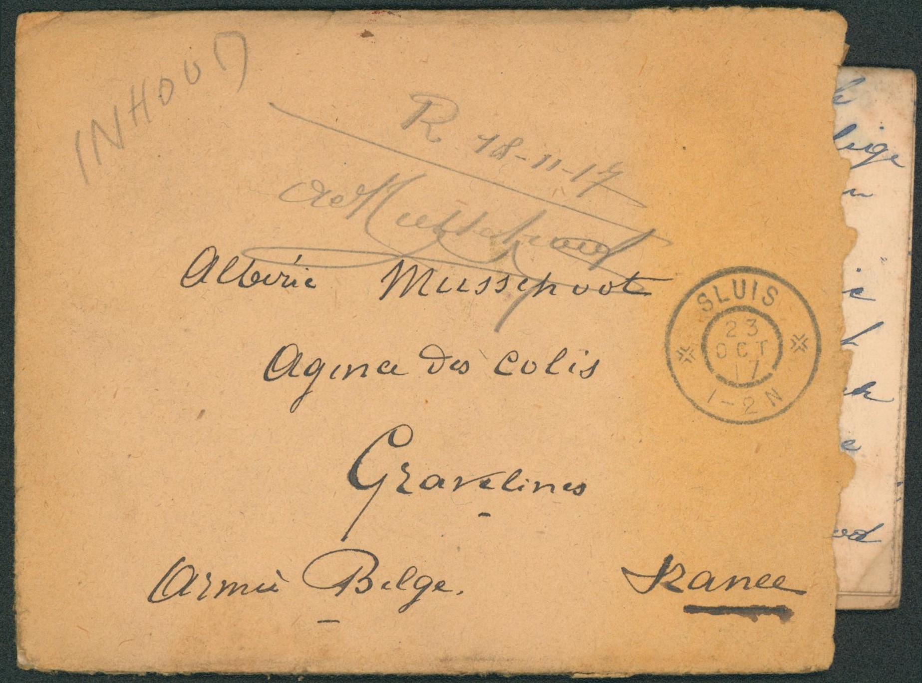 Lettre avec contenu expédié de Sluis (1917) > Agence de colis, armée belge à Gravelines