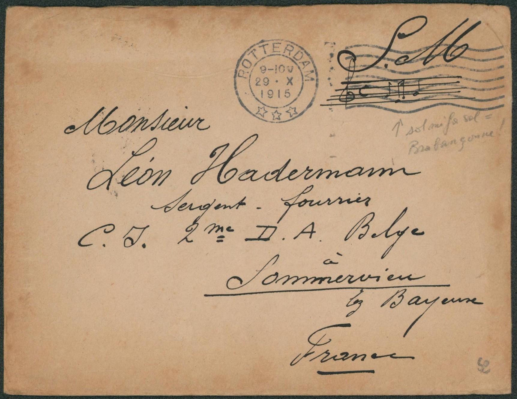 Lettre en S.M. + note de musique (Brabançonne) expédié de Rotterdam > Sergent fournier C.J. 2eme D.A. Belge à Sommervieu lez bayeuse (France).