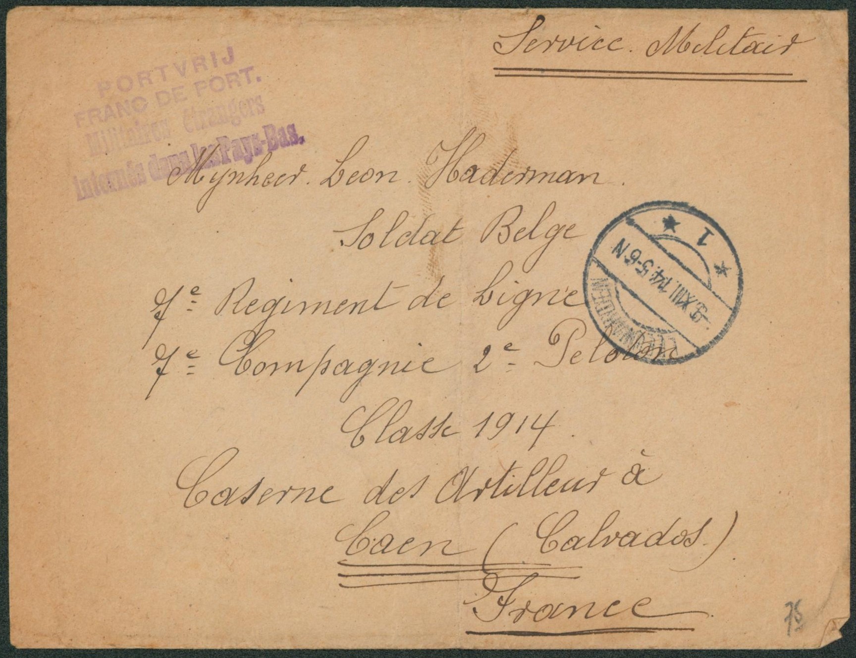 Lettre service militaire + griffe "militaire étrangers internés dans les pays-bas" expédié de Leeuwarden > Soldat belge à  Caen (Calvados)