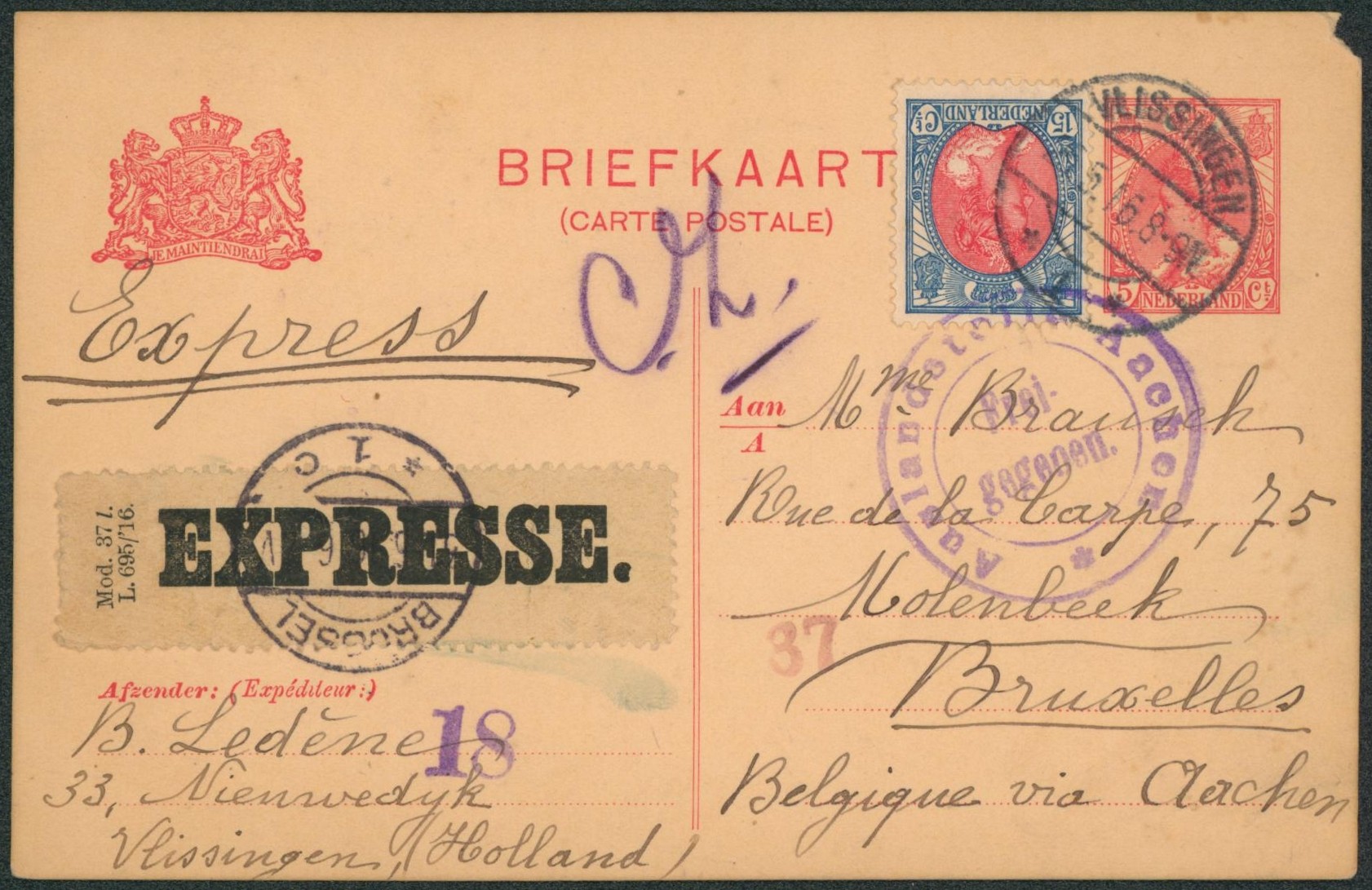 Pays-Bas - EP au type 5cents + 15 cents en expres de Vlissingen (1916) > Molenbeek + censure.