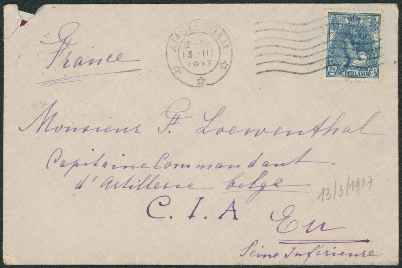 Pays-Bas - Yv n°54 sur lettre expédié de Amsterdam > Commandant d'artillerie belge C.I.A. à Eu (France).