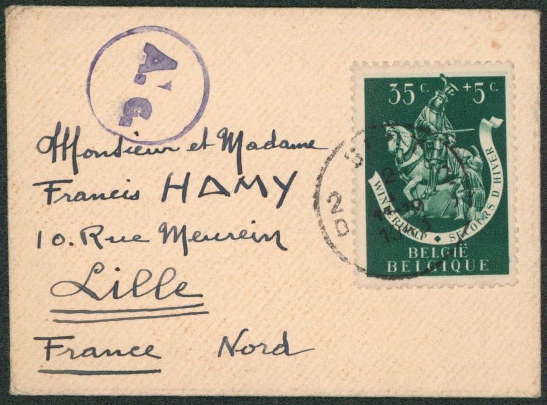 Secours d'hiver - 35ctm sur petite enveloppe format CDV expédié de Gent > Lille (France) + censure A.c.