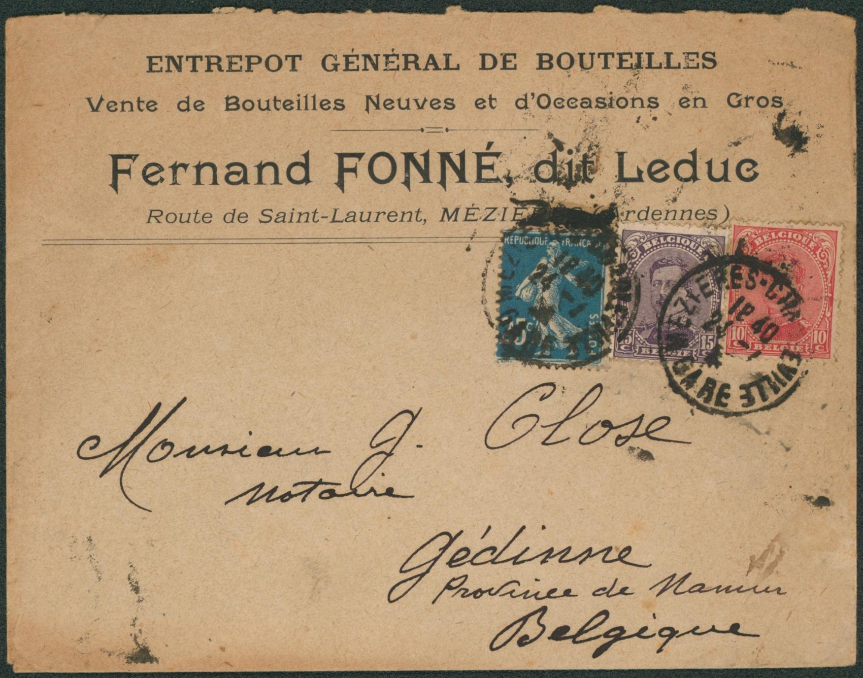 Affranch. Mixte (Albert I / Semeuse) sur lettre à en-tête expédié de Mézières (Ardennes) > Gedinne