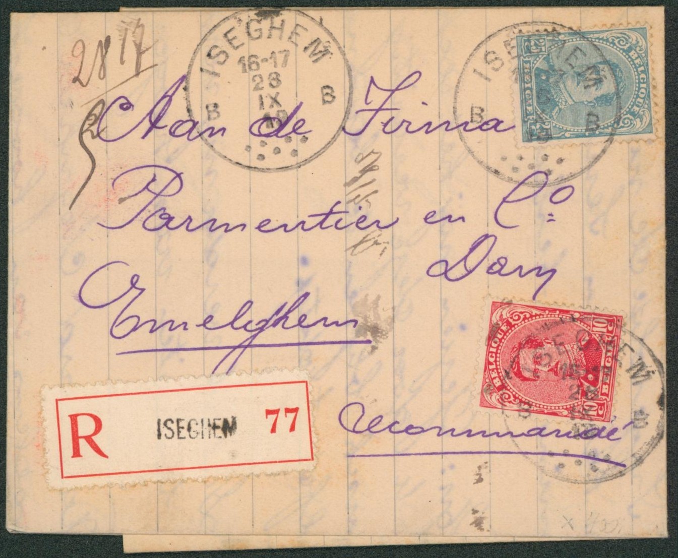 n°138 et 141 sur lettre en recommandé de Iseghem B > Emelghem