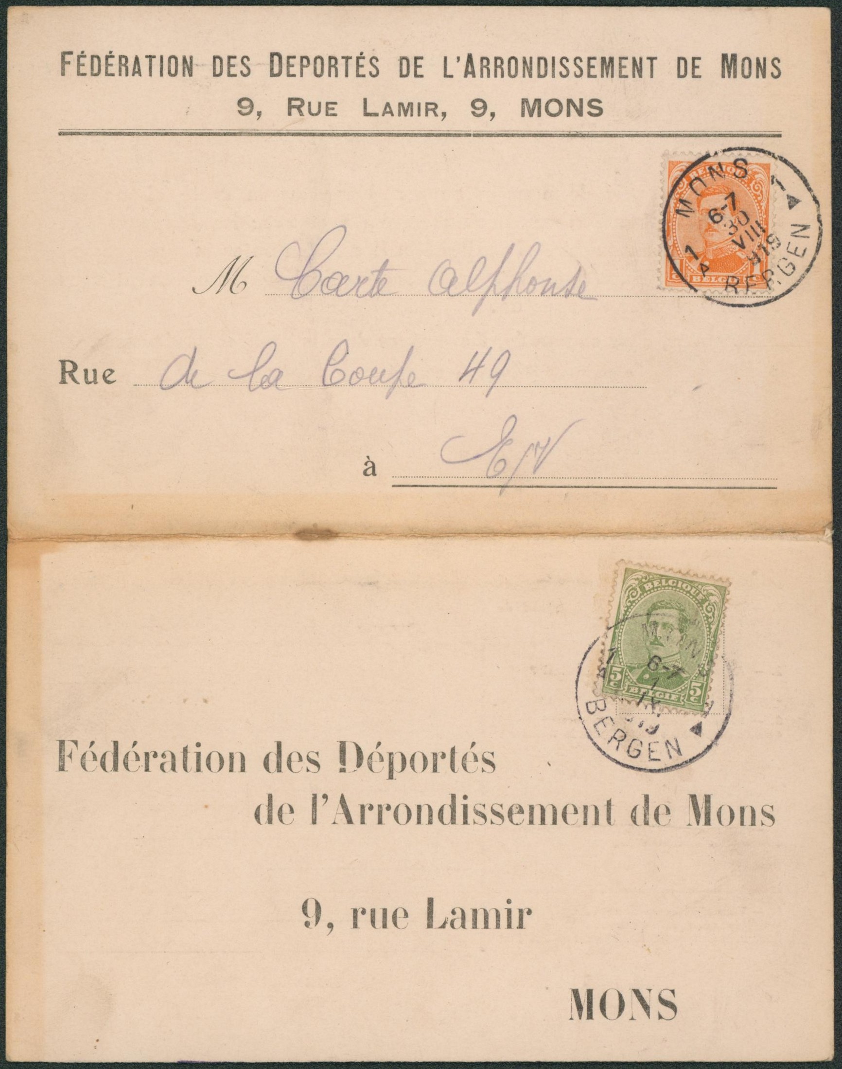 n°135 sur carte imprimé expédié de Mons / Bergen > La ville. Réexpédié par n°137 le 1/IX