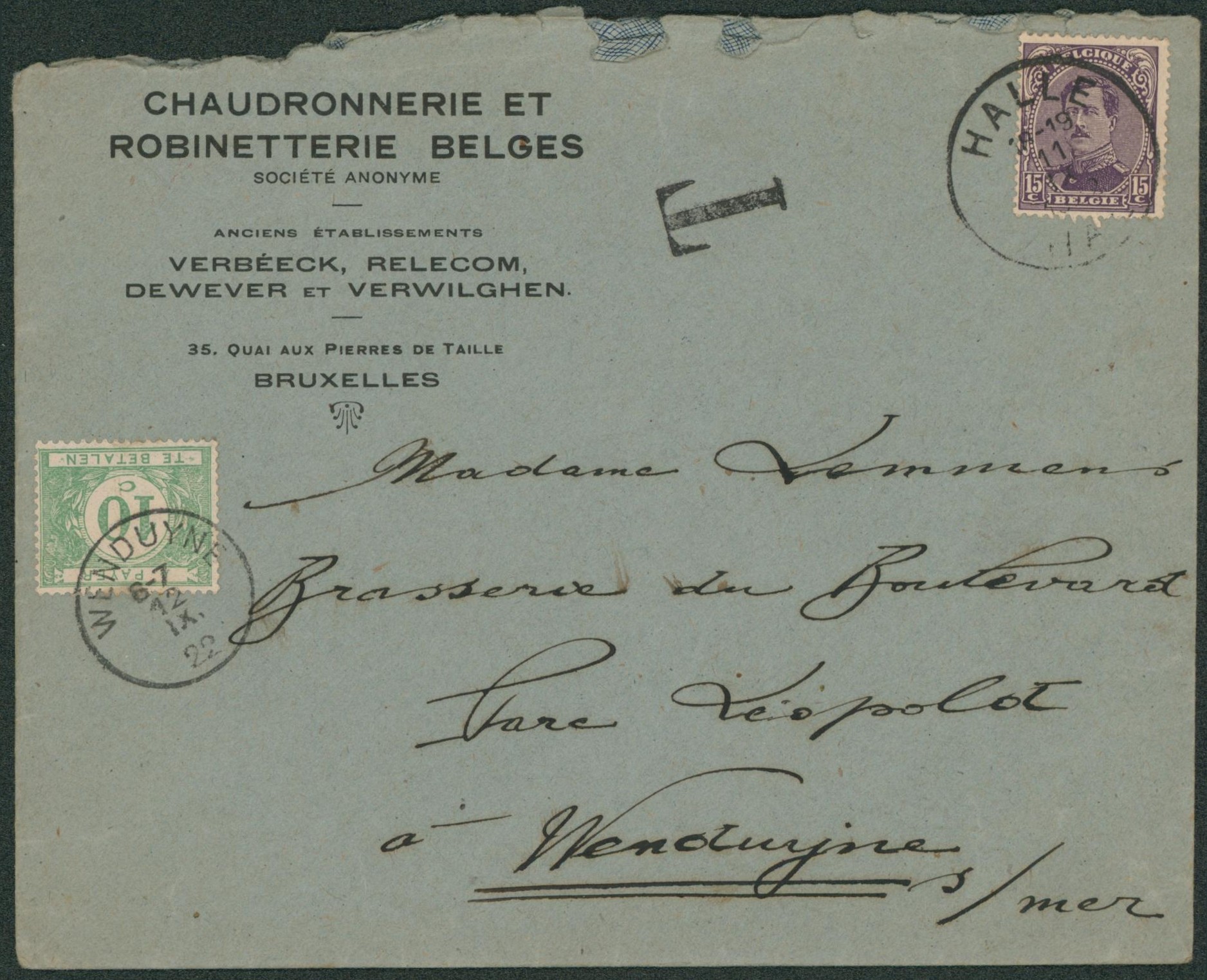 n°139 sur lettre expédié de Halle / Hal > Wenduine, taxé à 10ctm.
