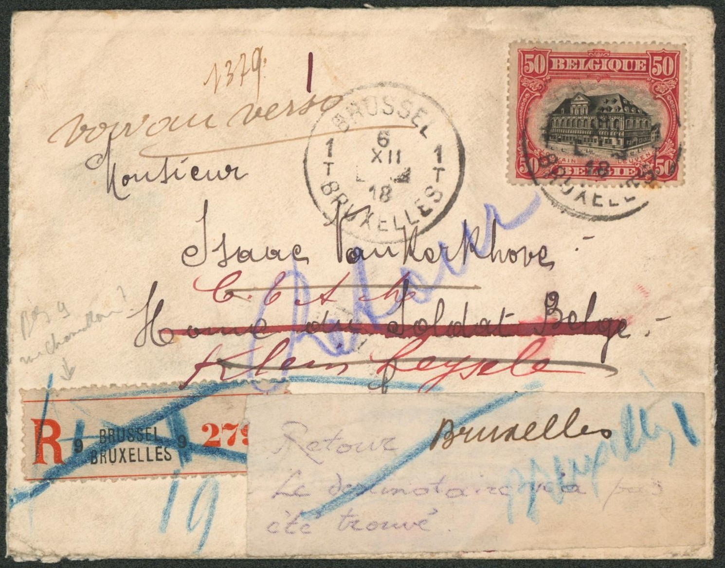 n°144 sur lettre en recommandé expédié de Brussel / Bruxelles (1918) > Sarvie (France), inconnu à l'appel redirigé vers C.T.A.M. (P.M.B.) inconnu aux appels, Papillons de retour!