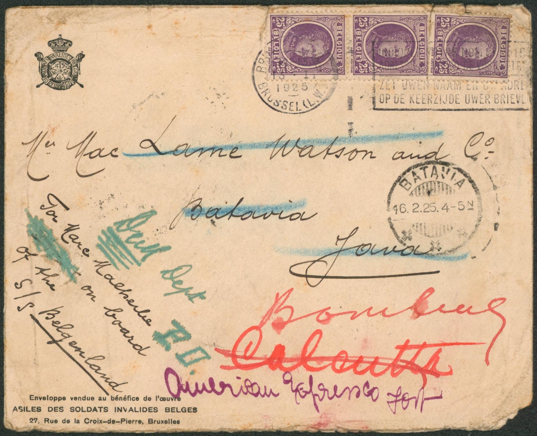Houyoux - n°198 x3 sur lettre expédiée de Bruxelles > Batavia (Java, Indes néerlandaises), nombreuses recherches, redirigé vers Calcutta, on board of the S/S Belgenland (paquebot).