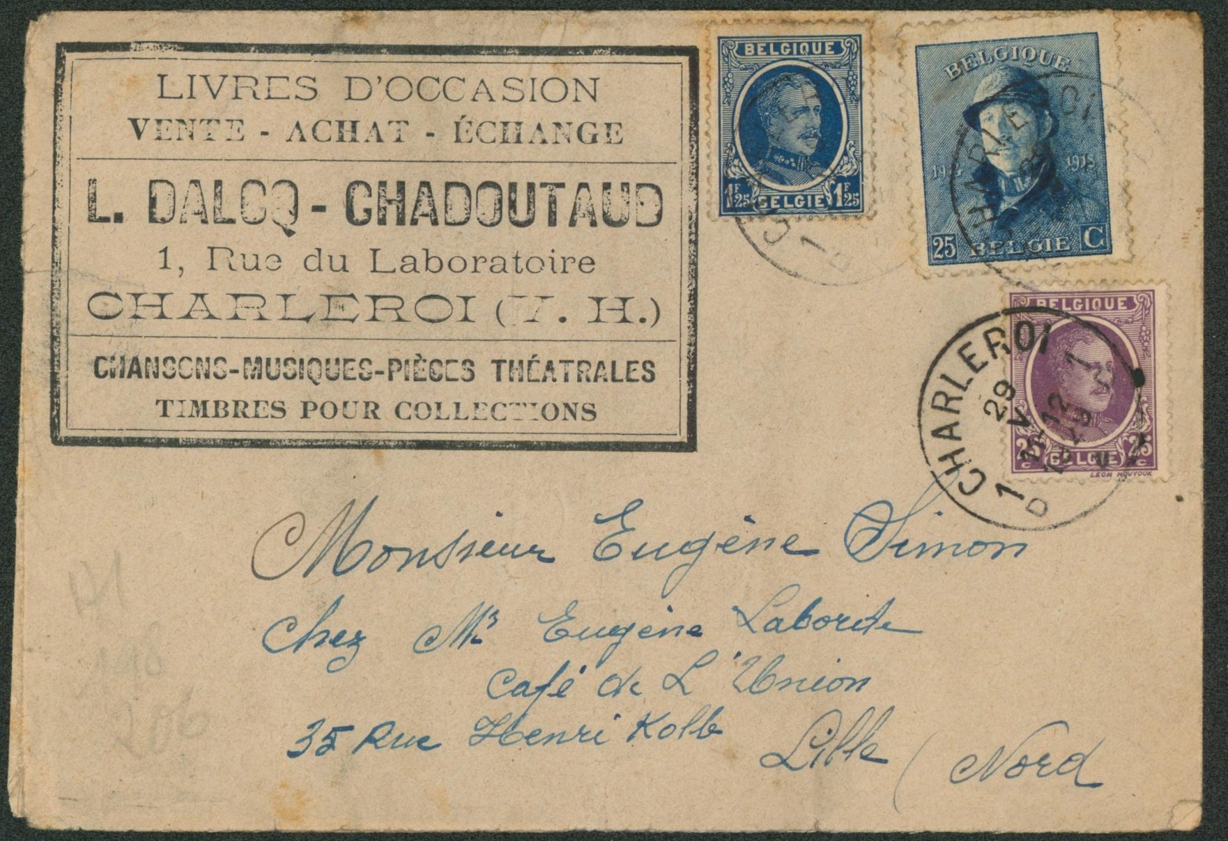 Affranch. Mixte (Houyoux / Roi casqué) sur lettre expédié de Charleroi > Lille / Ventes livres d'occasions.