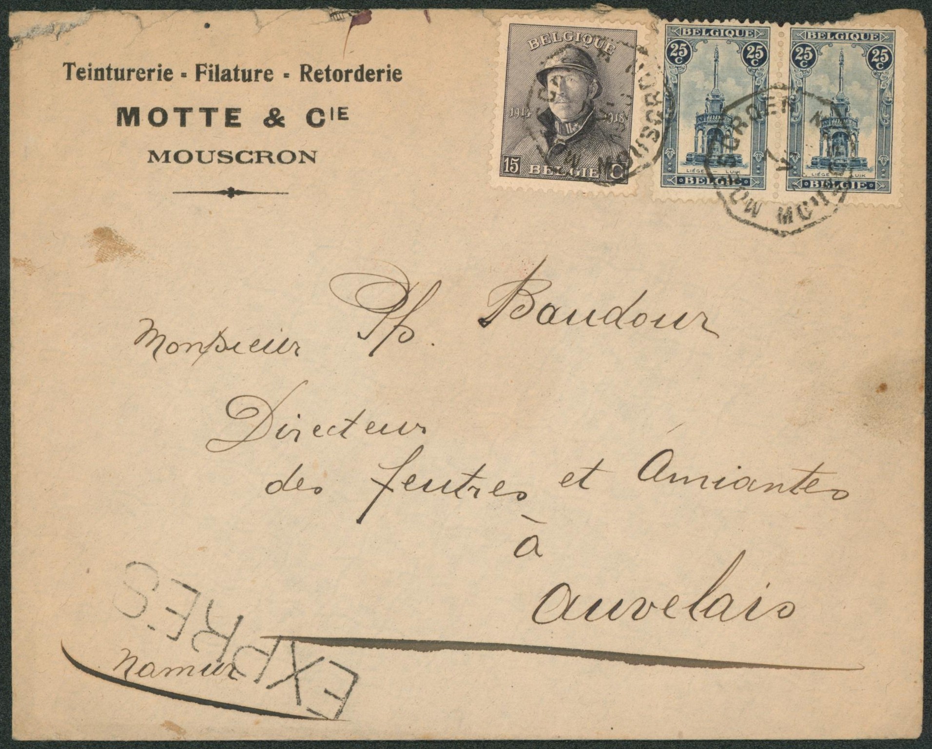 n°169 et Perron de liège x2 sur lettre en expres de Mouscron > Auvelais. TB