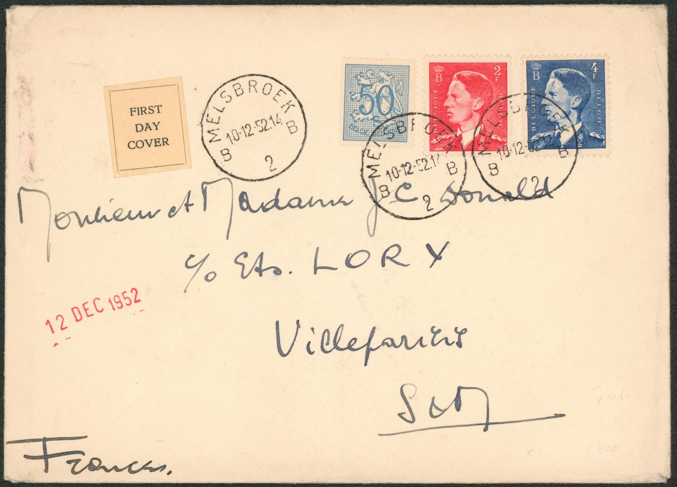 n°854 et 910/11 sur lettre + étiquette (first day cover) de Melsbroeck > Villeparisis (France)