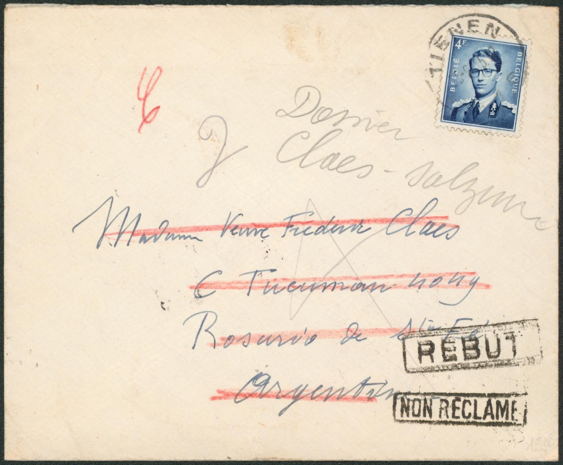 Baudouin à lunettes - 4F sur lettre expédiée de Tienen > Rosario (Argentine). Rebut, non réclamé !