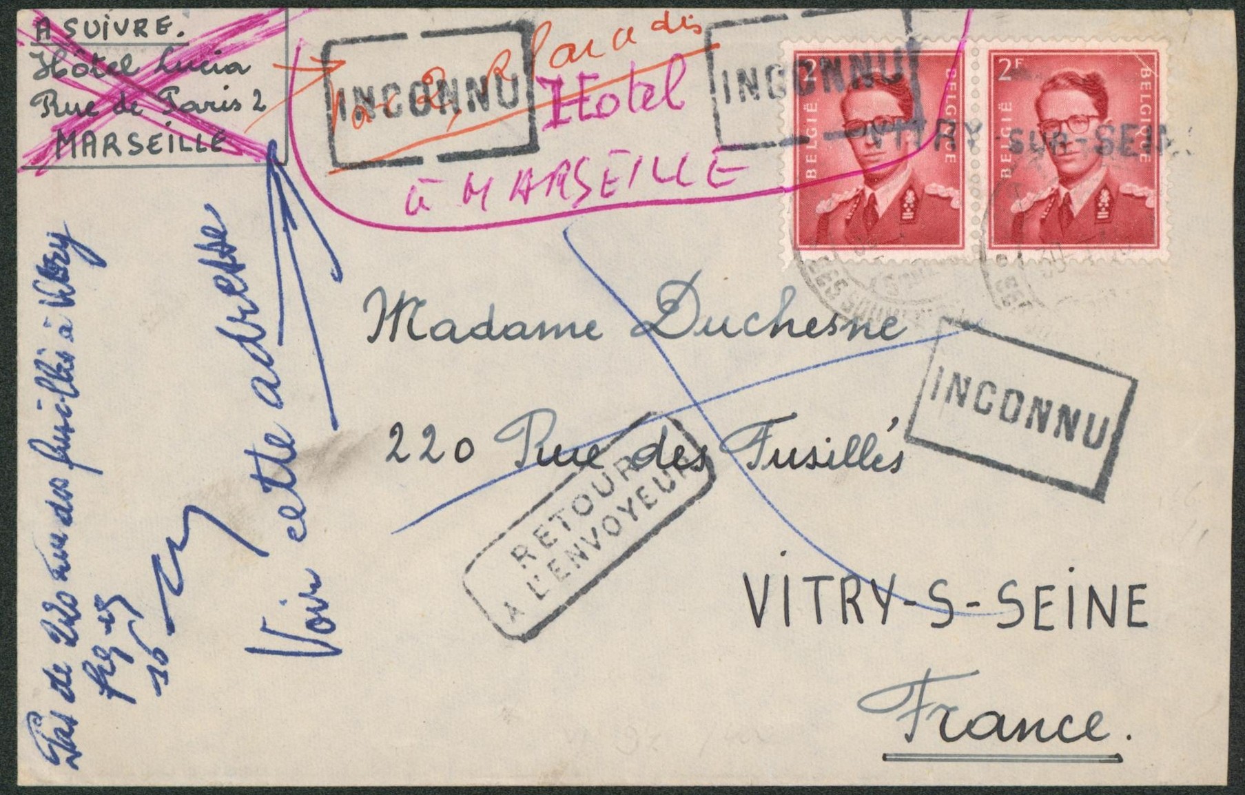 Baudouin à lunettes - 2F x2 sur lettre expédié de Waterloo (cachet faible) > Vitry-S-seine, griffe du bureau d'arrivée annulant les timbres. Griffe "Inconnu & Retour à l'envoyeur".