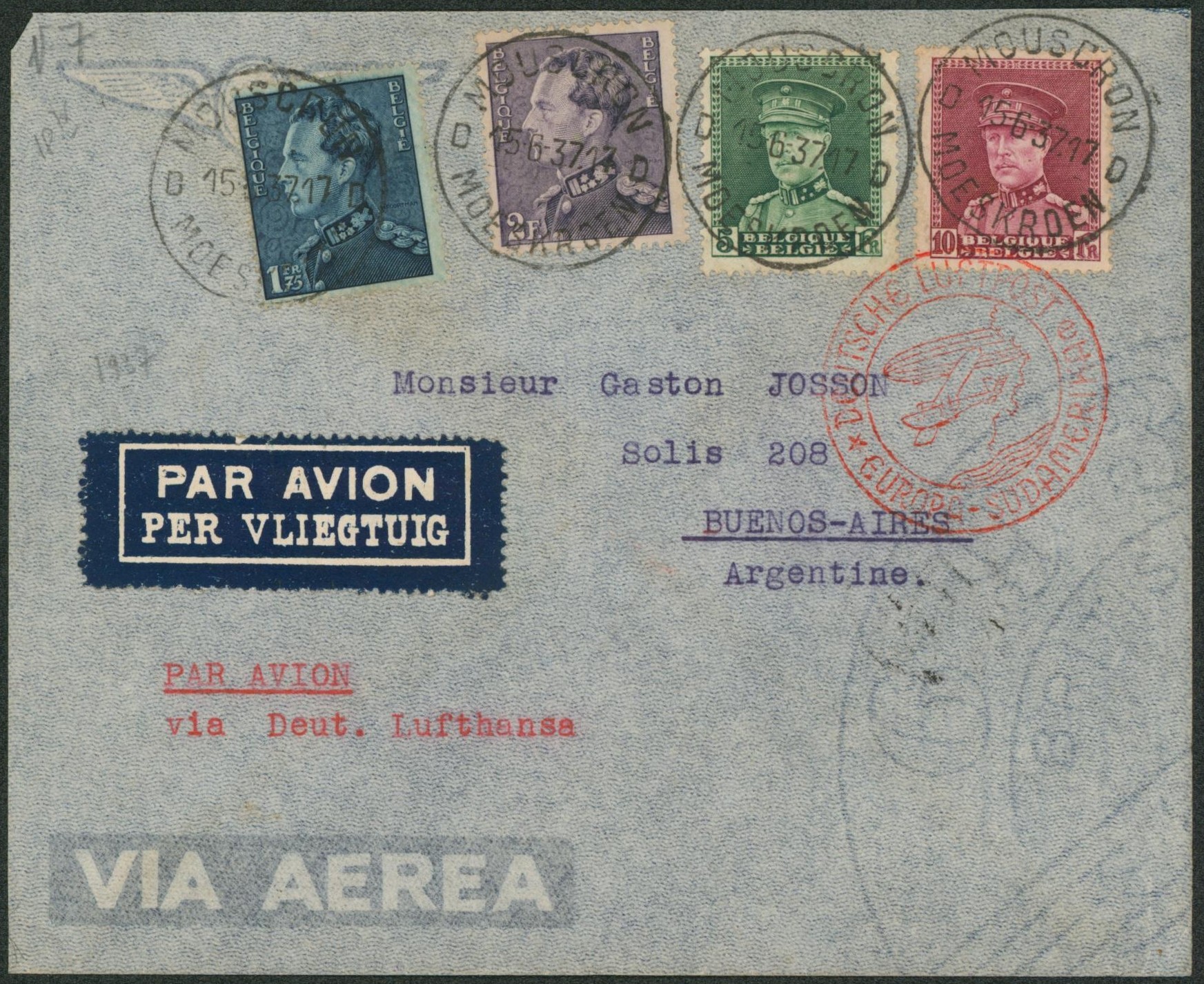 Affranch. Mixte (Poortman / Képi) sur lettre par avion de Mouscron / Moeskroen (1937) > Buenos Aires (Argentine) via Deut. Lufthansa