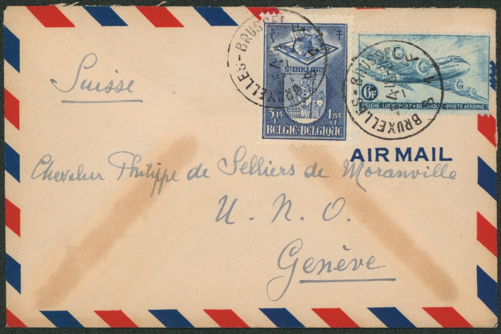 Affranch. Mixte sur lettre par avion de Bruxelles > Genève (Suisse).